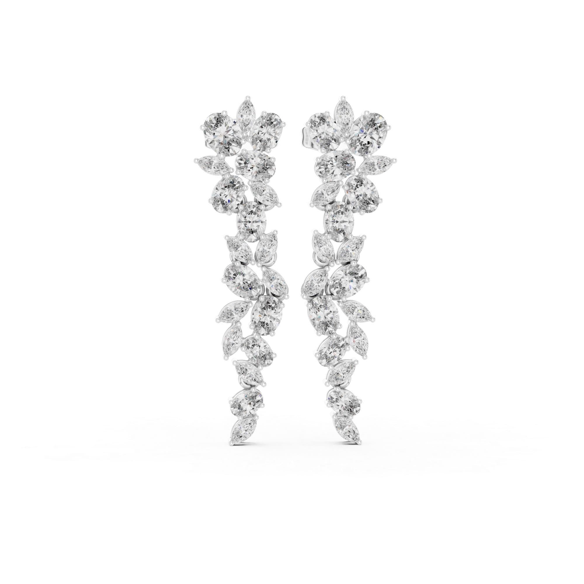 Art Deco Zircon Pear Marquise Vine Drop Earrings, Sterling Silver Bridal Statement