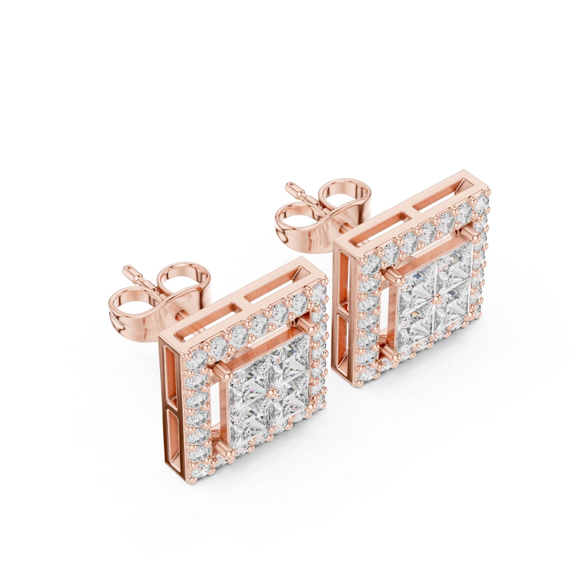 Princess Cut Moissanite Halo Stud Earrings, Sterling Silver Square Geometric Sparkle