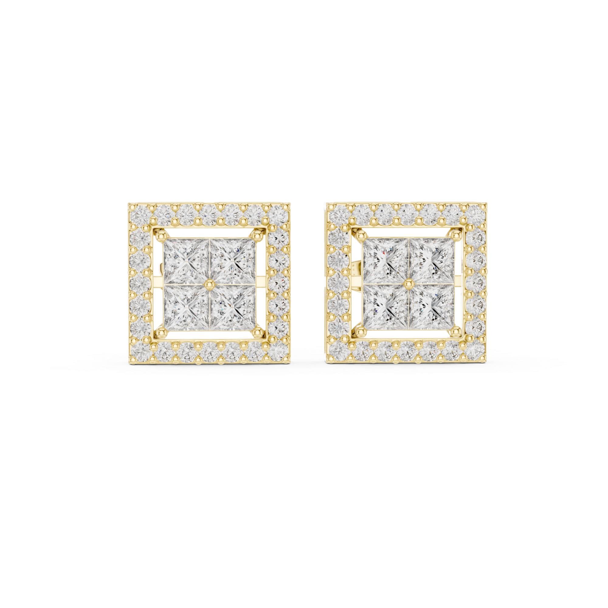 Princess Cut Moissanite Halo Stud Earrings, Sterling Silver Square Geometric Sparkle