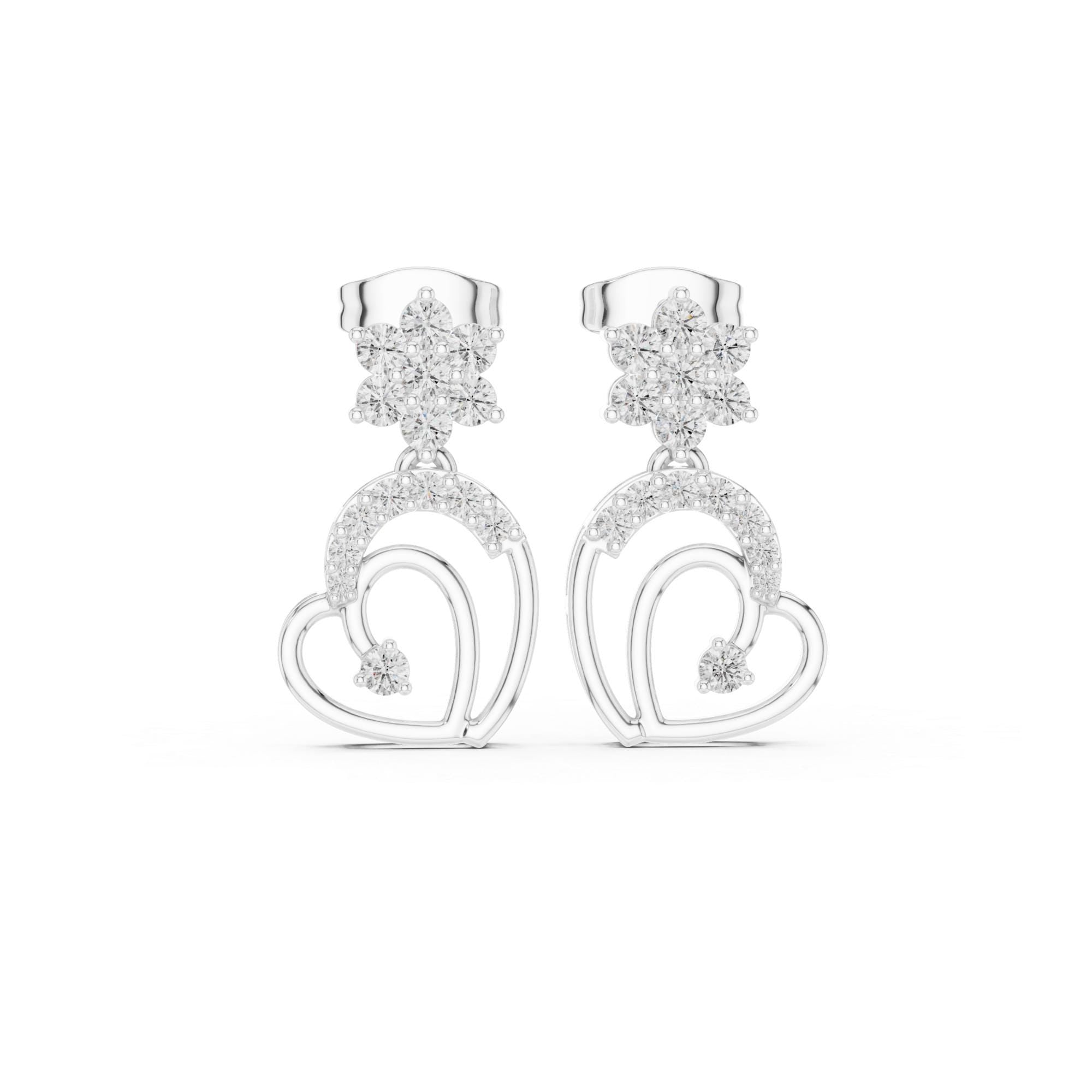 Double Heart Moissanite Stud Earrings, 925 Sterling Silver, Flower Accent, Hypoallergenic, Luxury Fashion Earrings