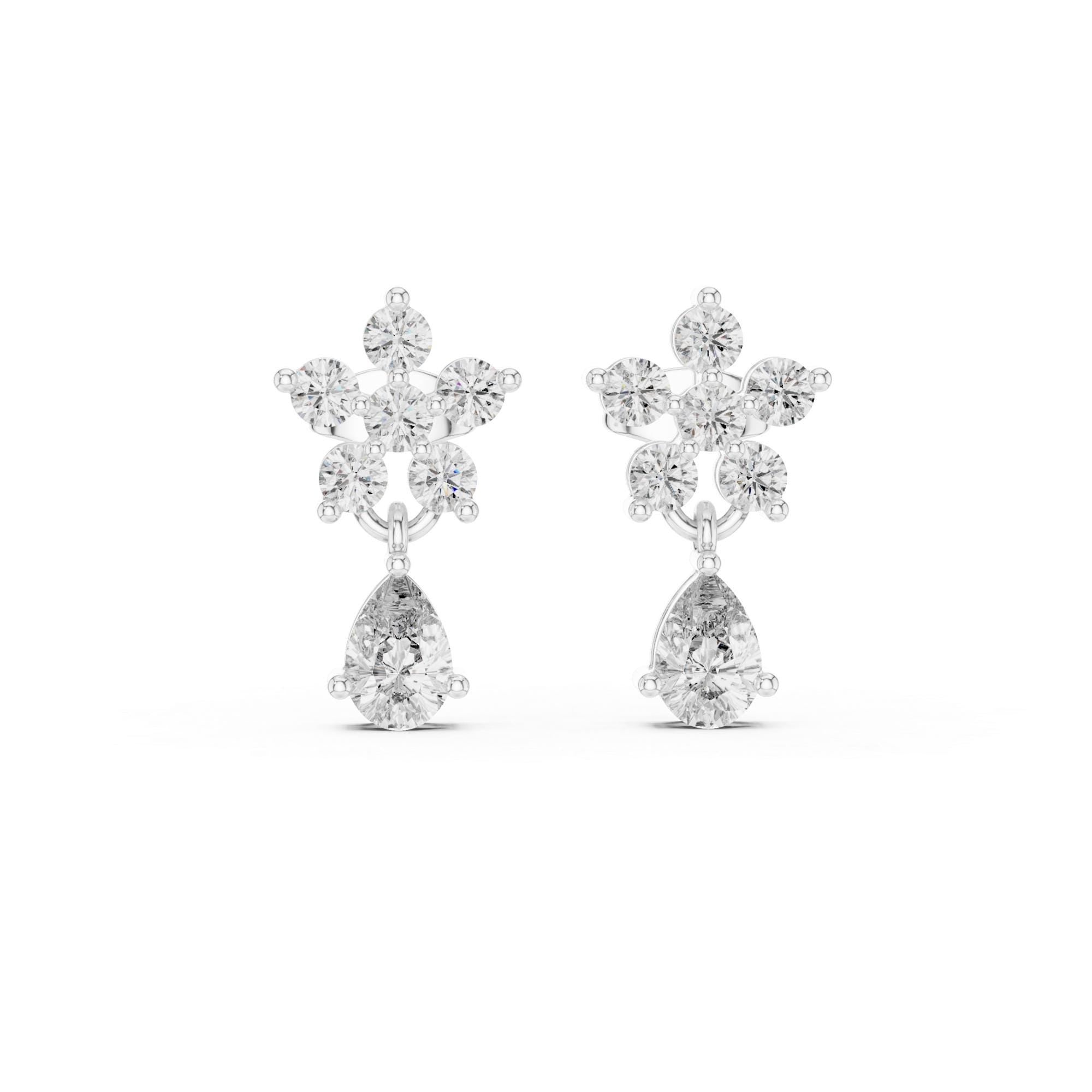 Dainty Moissanite Flower Drop Earrings, 925 Sterling Silver, Pear Cut Dangle Minimalist Floral Earrings