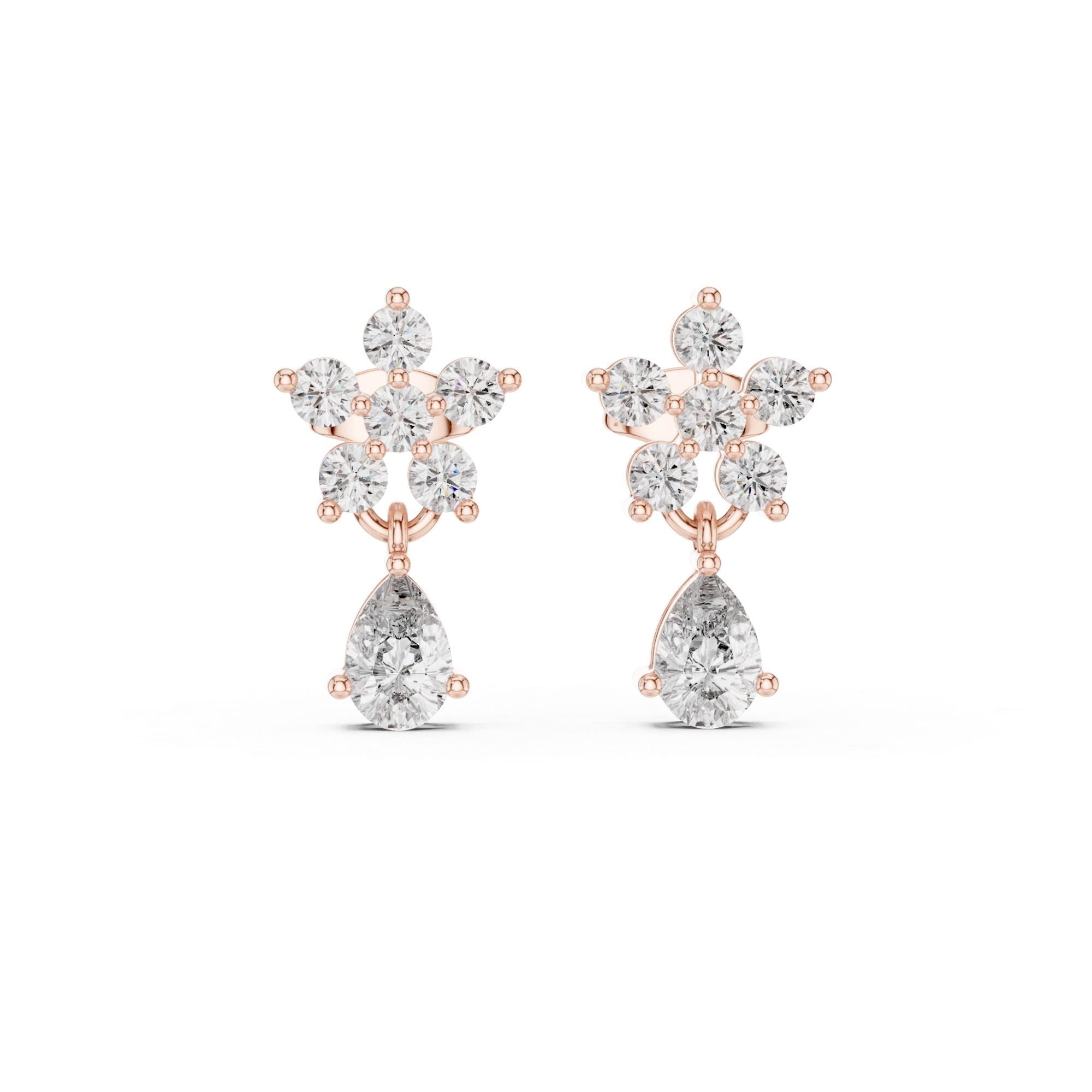 Dainty Moissanite Flower Drop Earrings, 925 Sterling Silver, Pear Cut Dangle Minimalist Floral Earrings