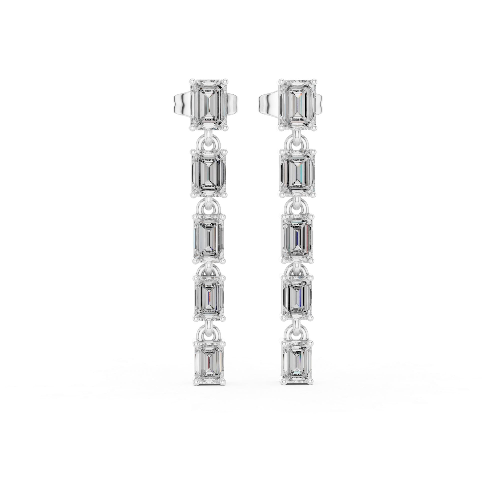 Linear Emerald Cut Moissanite Drop Earrings, 925 Sterling Silver, Modern Bridal