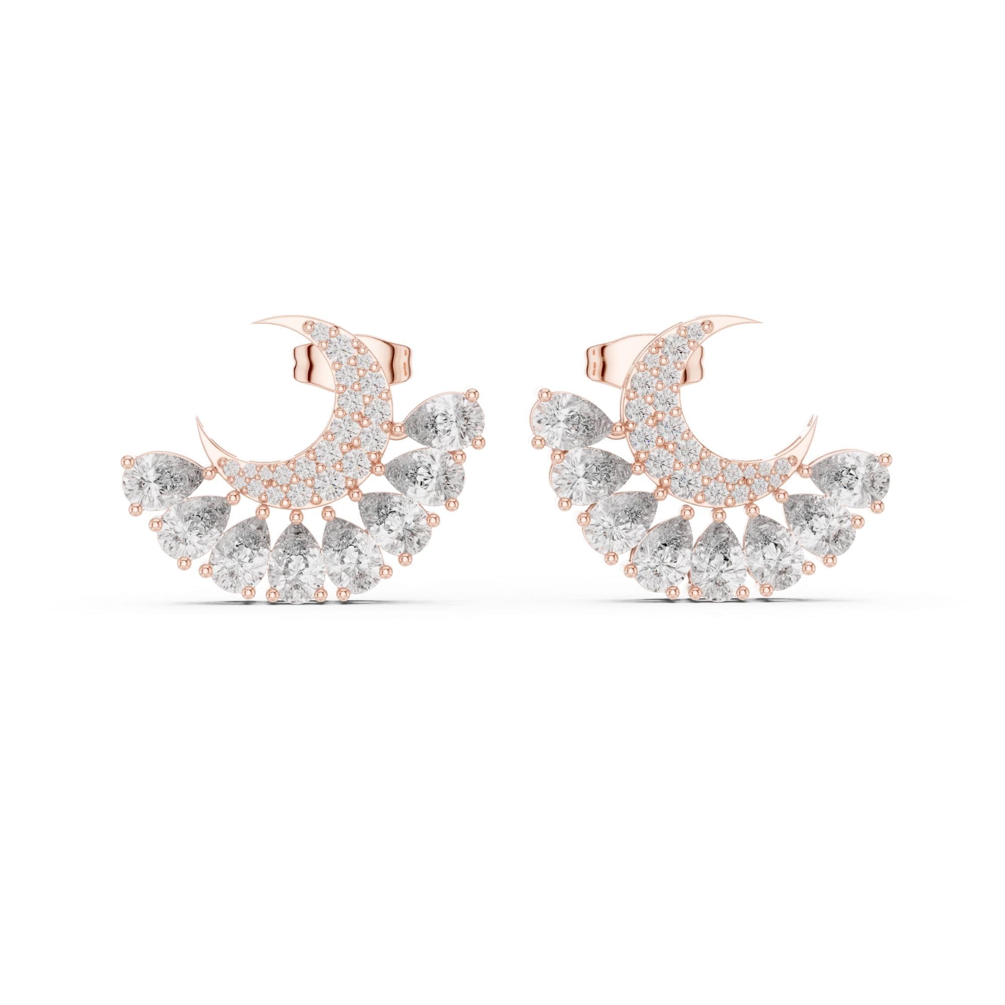 Crescent Moon Moissanite Earrings, 925 Sterling Silver, Pear Cut Celestial Studs