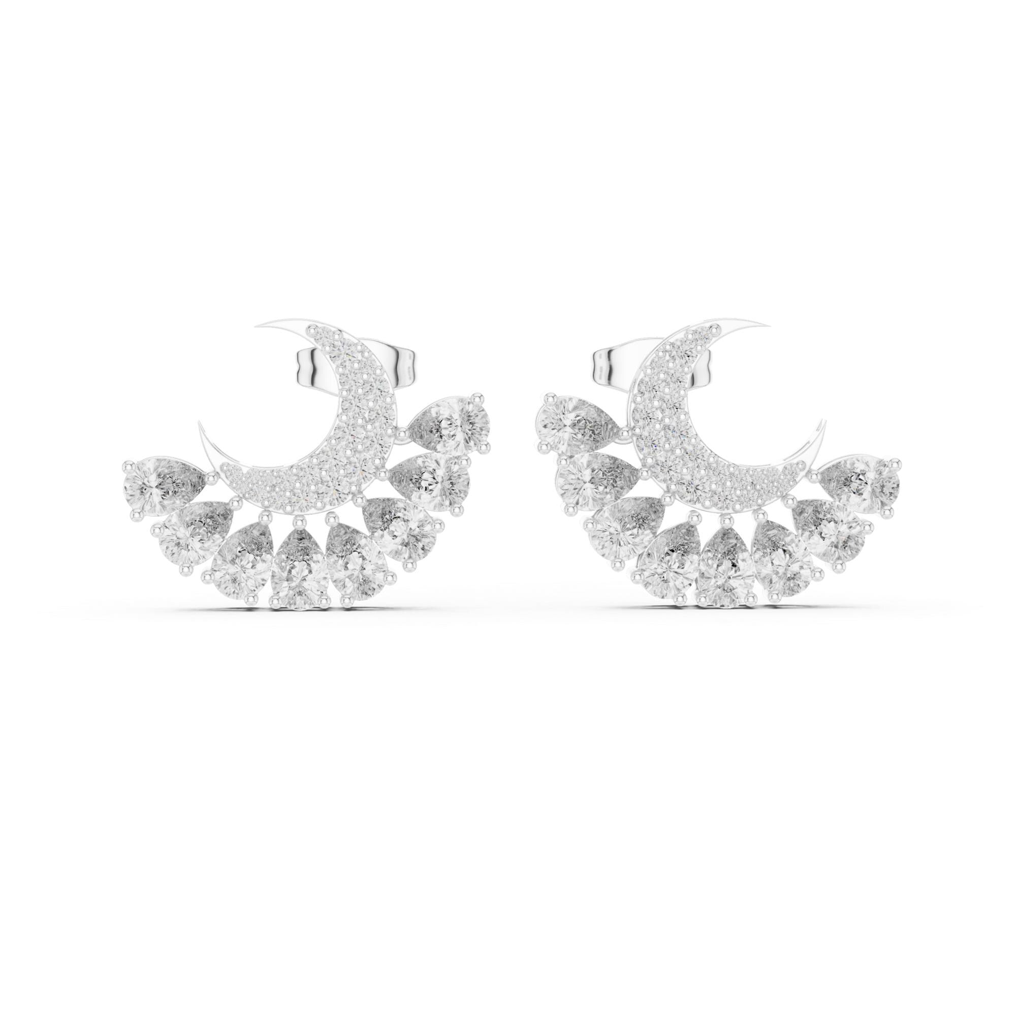 Crescent Moon Moissanite Earrings, 925 Sterling Silver, Pear Cut Celestial Studs
