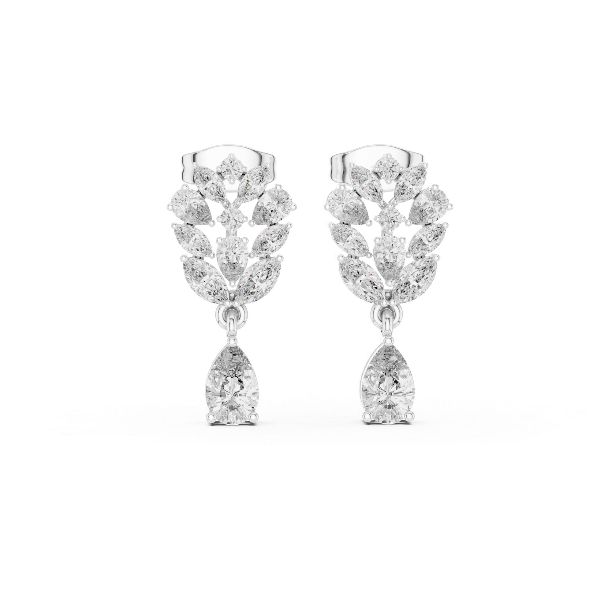 Leaf Cluster Pear Cut Moissanite Earrings, Sterling Silver Bridal Vine Floral Drop High Fashion