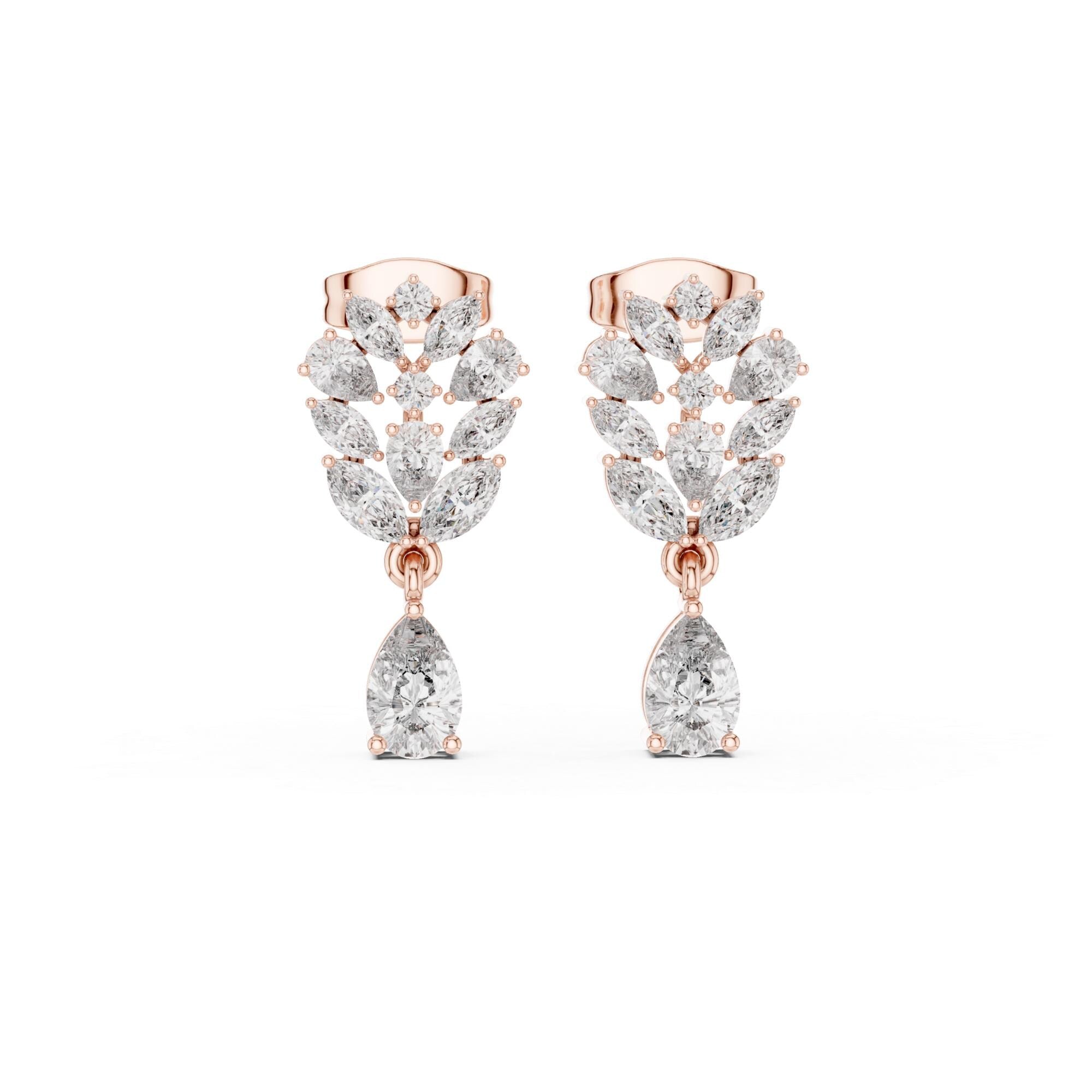 Leaf Cluster Pear Cut Moissanite Earrings, Sterling Silver Bridal Vine Floral Drop High Fashion