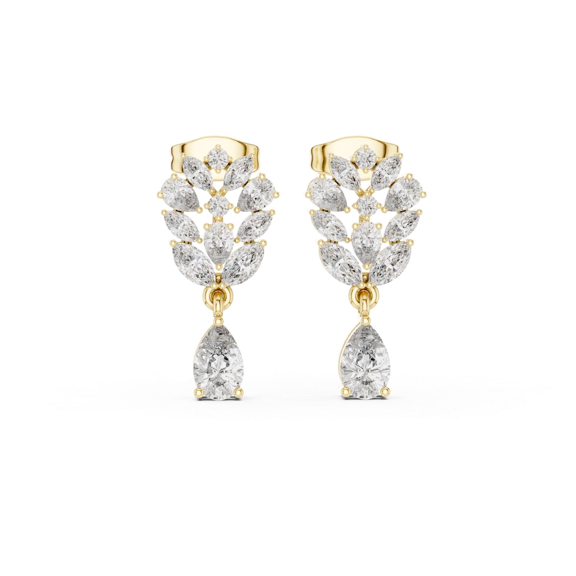 Leaf Cluster Pear Cut Moissanite Earrings, Sterling Silver Bridal Vine Floral Drop High Fashion