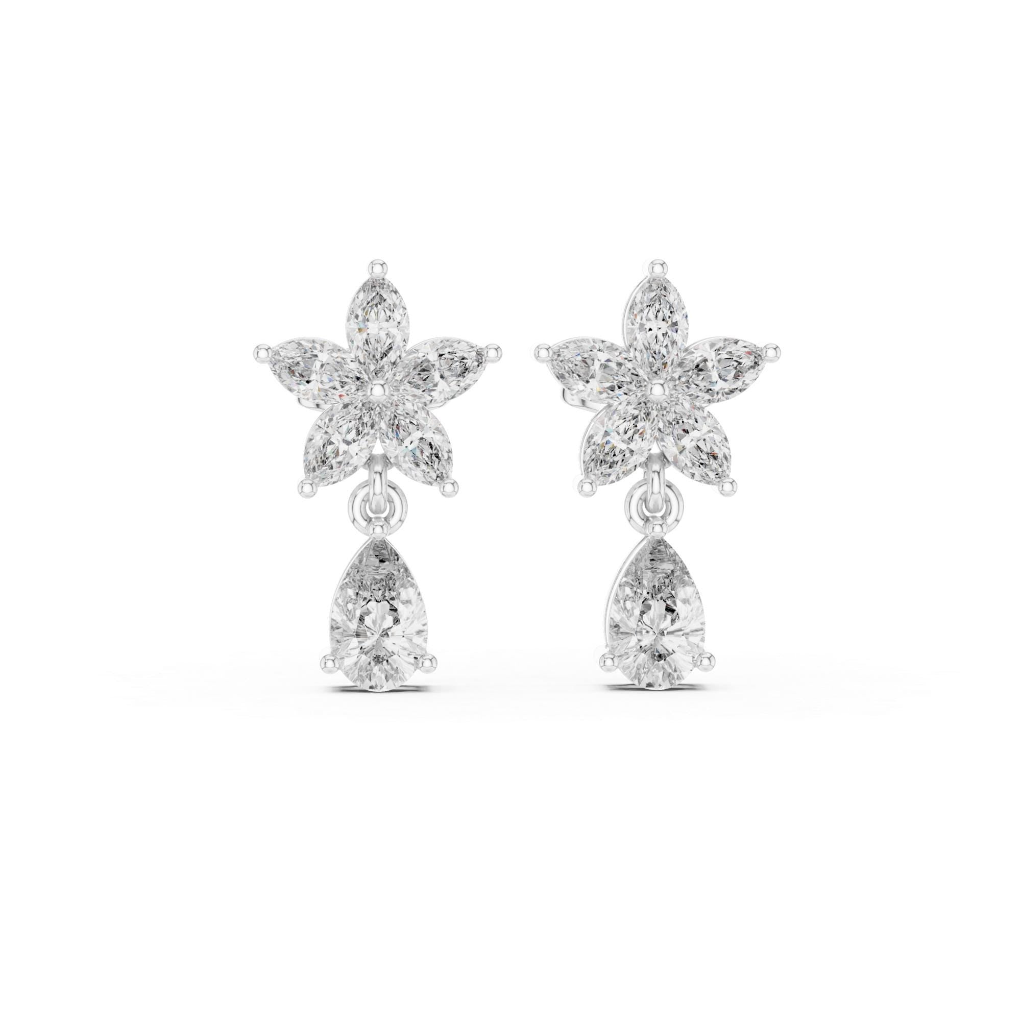 Sterling Silver Floral Pear Moissanite Dangle Earrings, Art Deco Sparkle