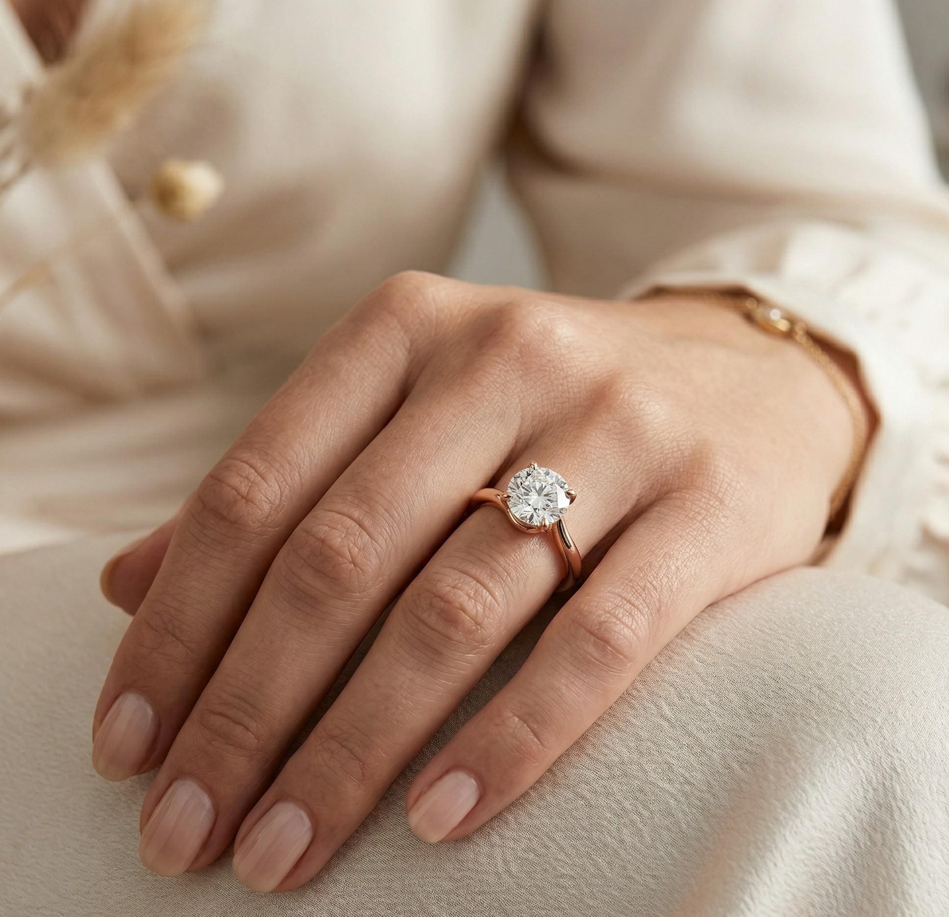 Round Cut Moissanite Engagement Ring, Rose Gold Sterling Silver Solitaire Promise Wedding Ring