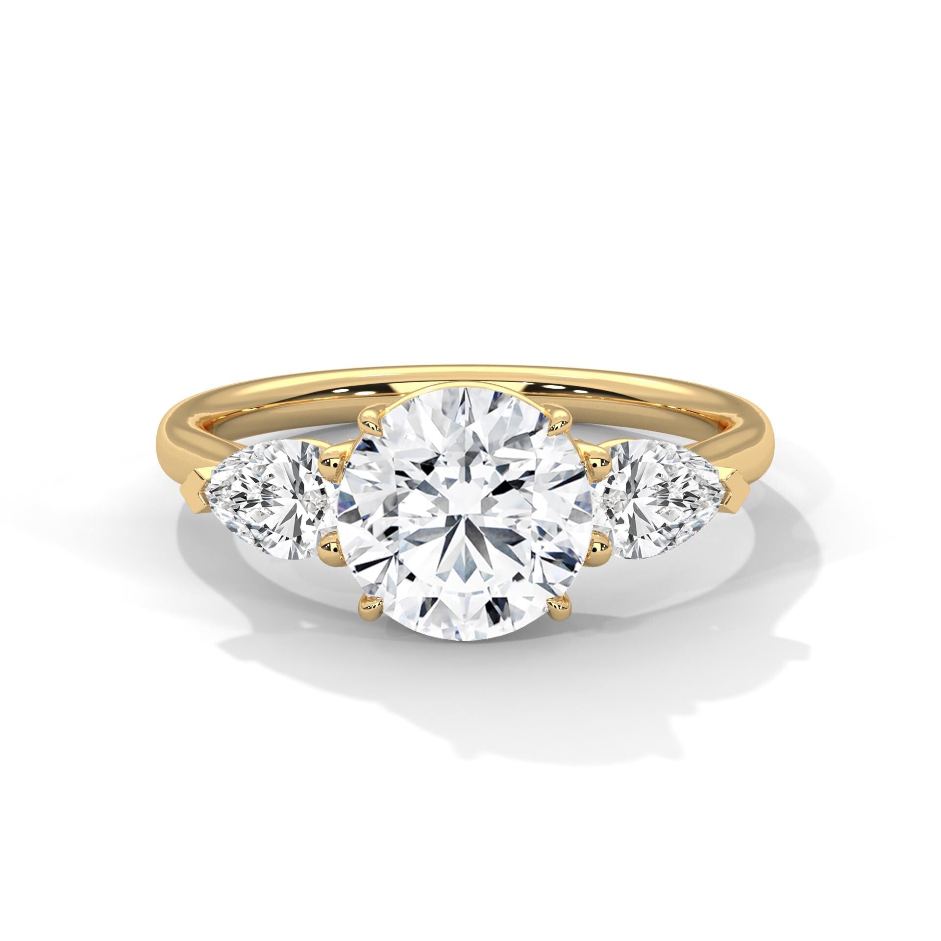 Round Cut Moissanite Engagement Ring, 3 Stone Pear Accents, Sterling Silver Wedding Band