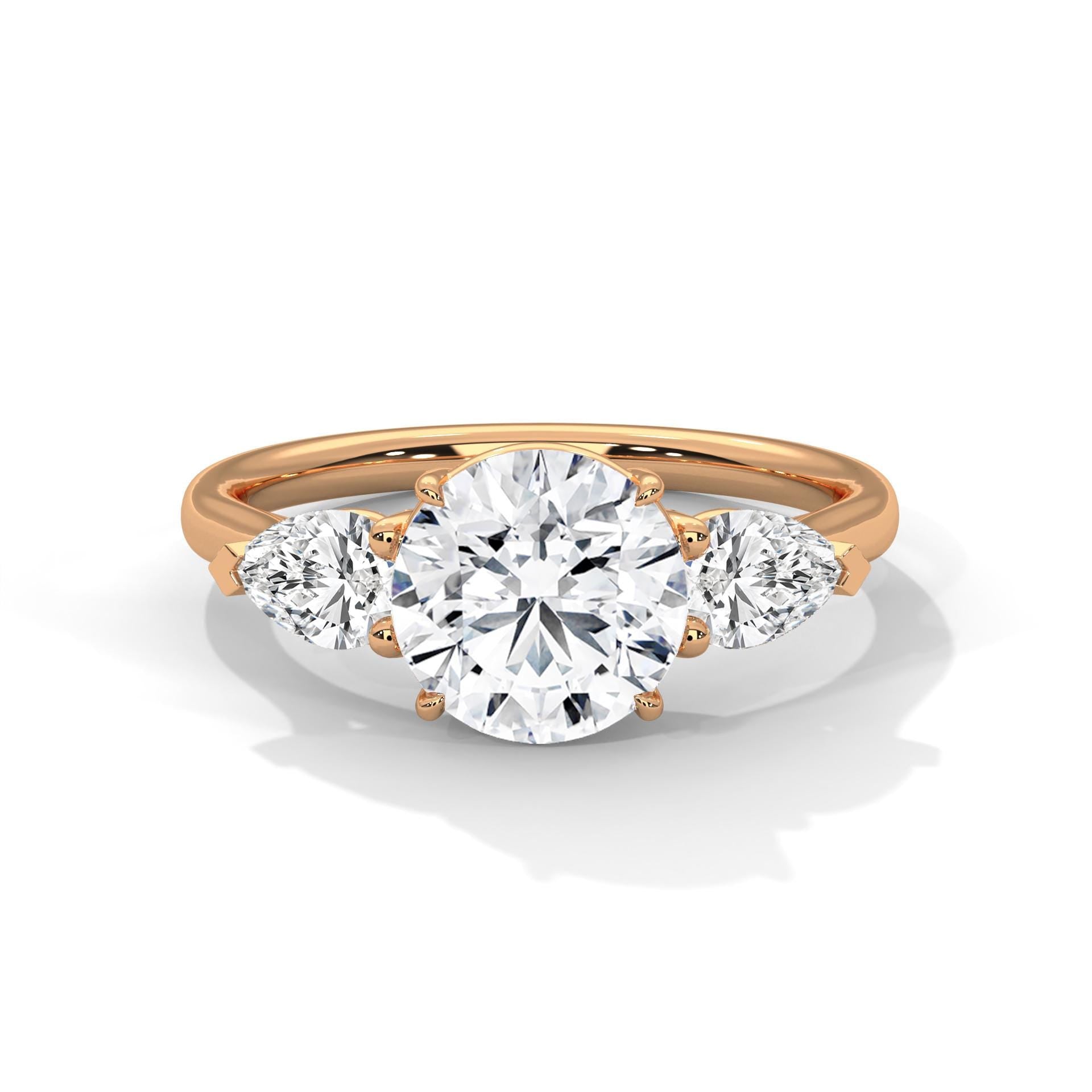 Round Cut Moissanite Engagement Ring, 3 Stone Pear Accents, Sterling Silver Wedding Band