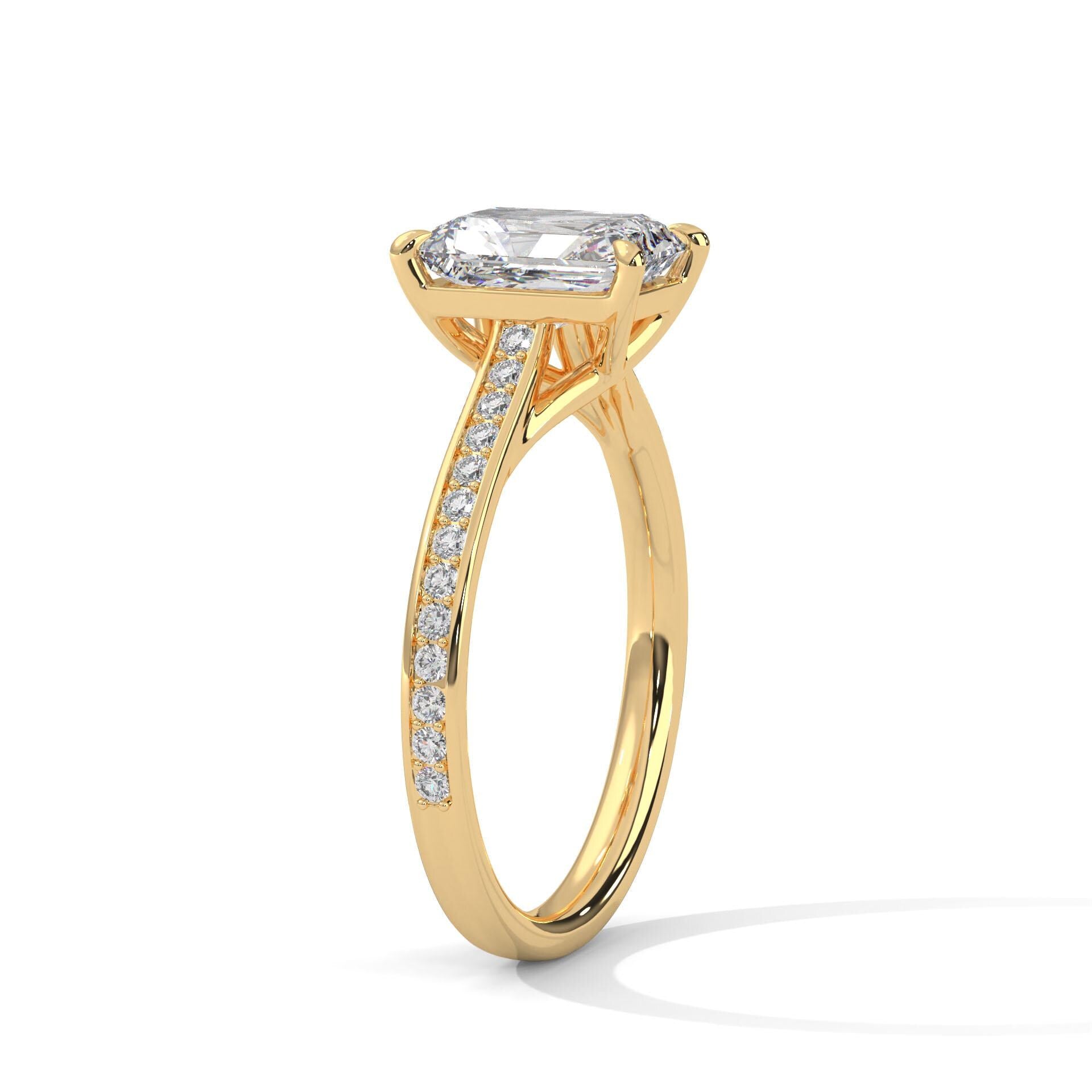 Emerald Cut Moissanite Engagement Ring, Pave Set Sterling Silver Wedding Band