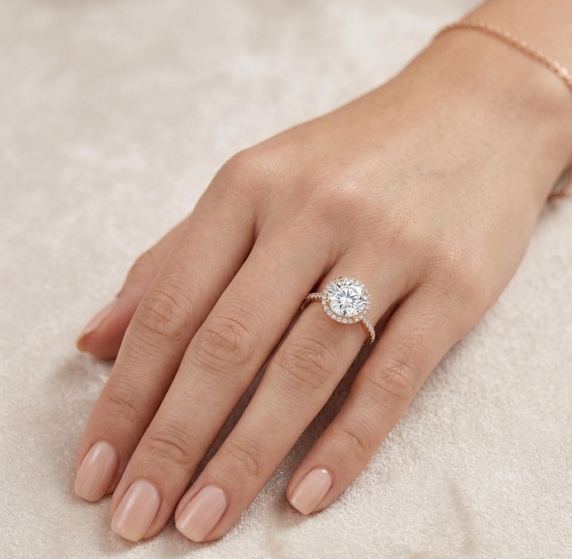 Round Cut Moissanite Halo Engagement Ring, Sterling Silver, Anniversary Statement Ring