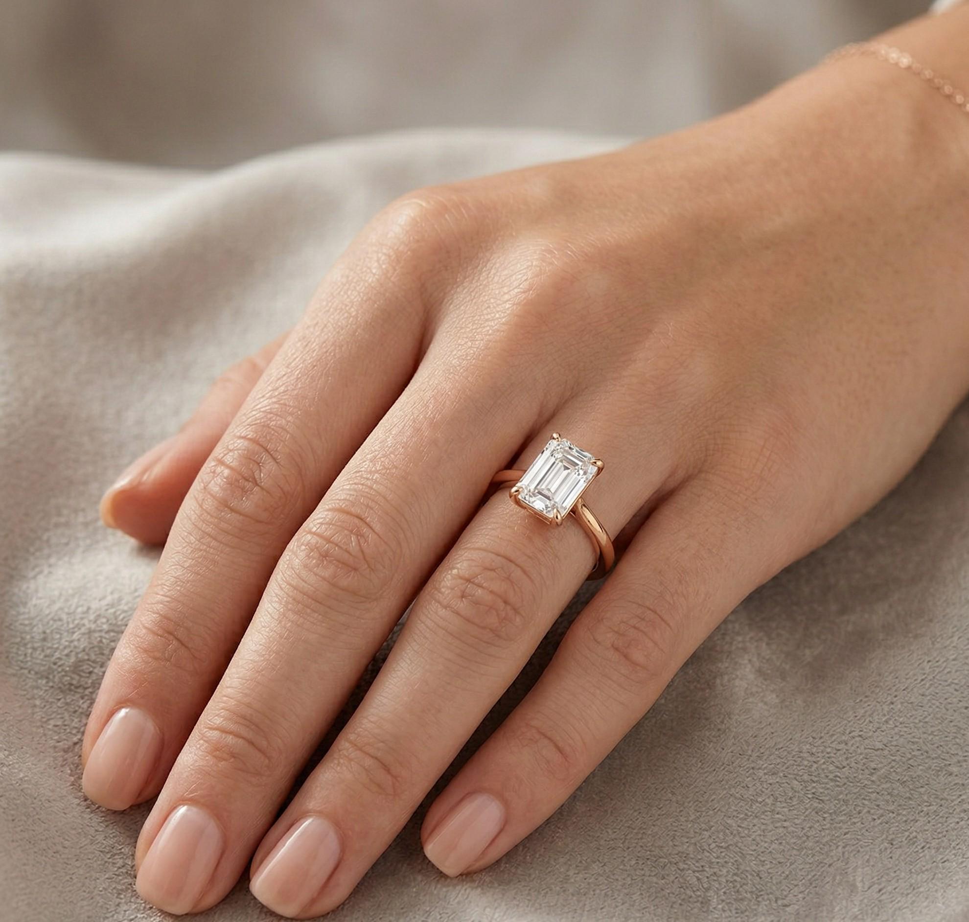 Emerald Cut Moissanite Solitaire Ring, 925 Sterling Silver Promise Bridal Ring