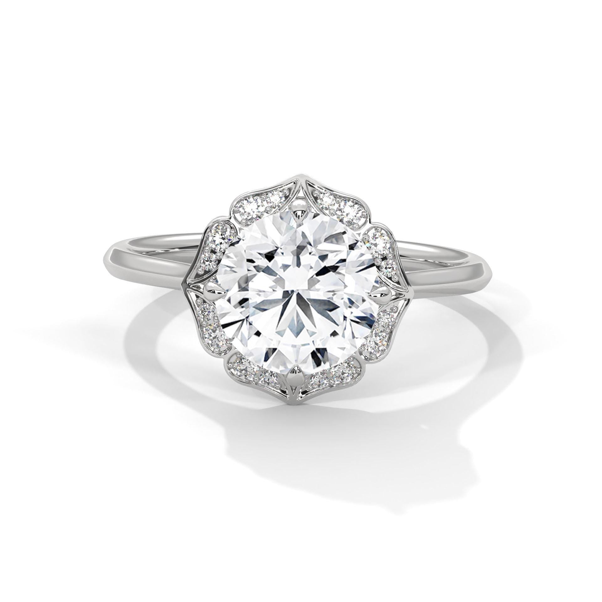 Art Deco Moissanite Engagement Ring, Round Halo Wedding Band, Sterling Silver Floral Anniversary