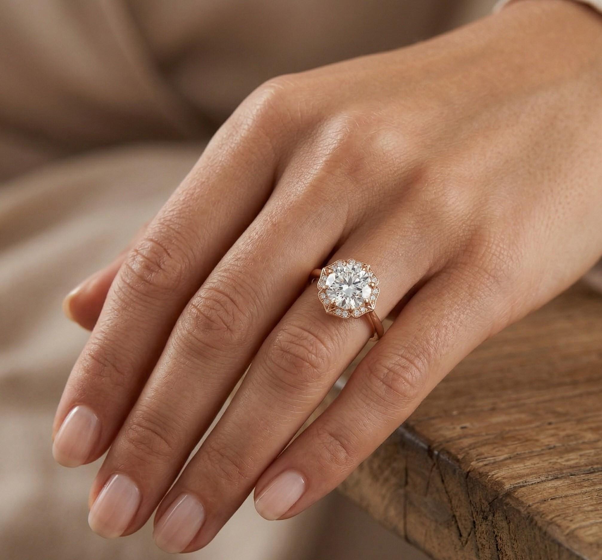 Art Deco Moissanite Engagement Ring, Round Halo Wedding Band, Sterling Silver Floral Anniversary