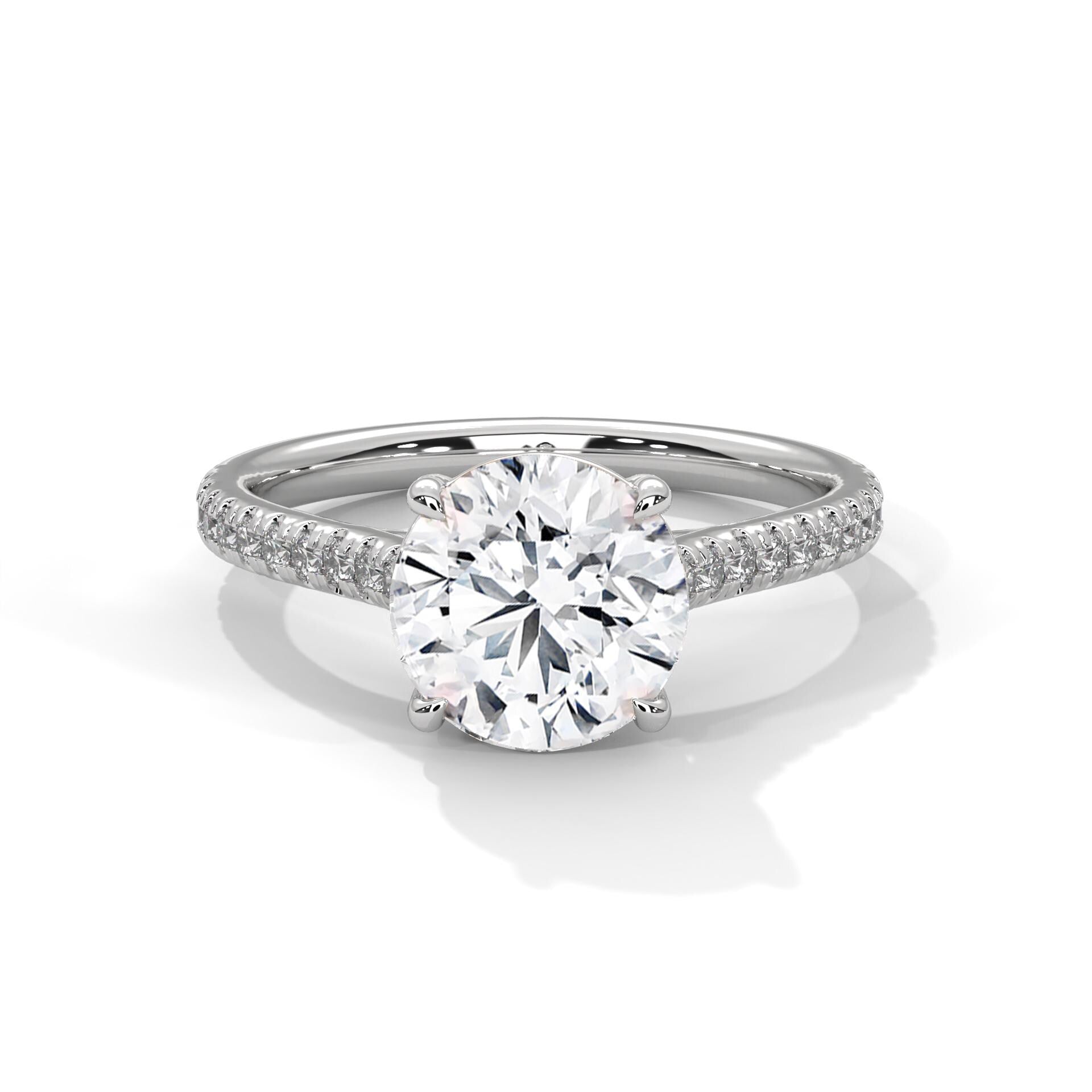 Round Cut Moissanite Engagement Ring, Sterling Silver Solitaire Pavé Band Promise Ring