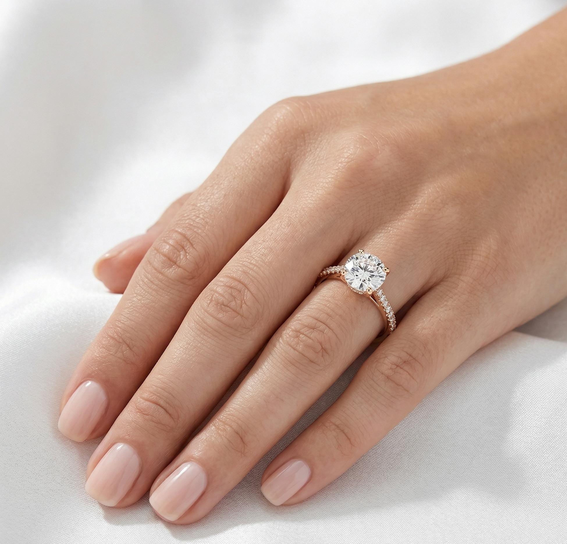 Round Cut Moissanite Engagement Ring, Sterling Silver Solitaire Pavé Band Promise Ring