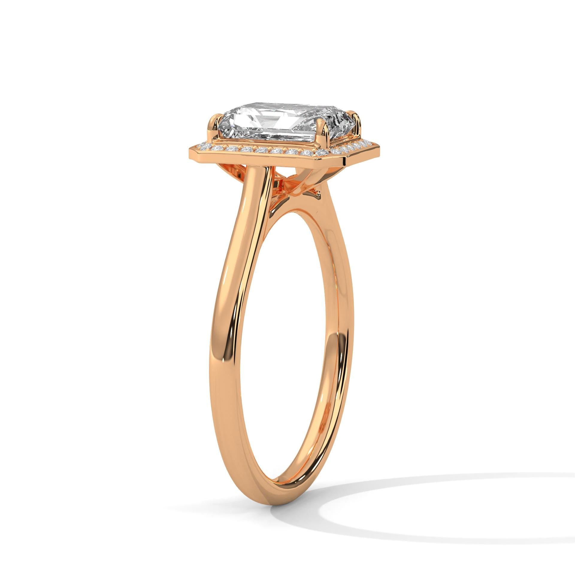 Emerald Cut Moissanite Halo Ring, Art Deco Sterling Silver Engagement Band
