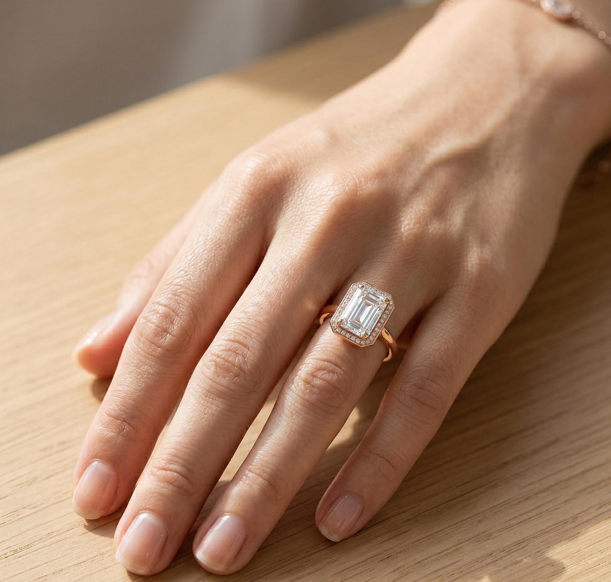 Emerald Cut Moissanite Halo Ring, Art Deco Sterling Silver Engagement Band
