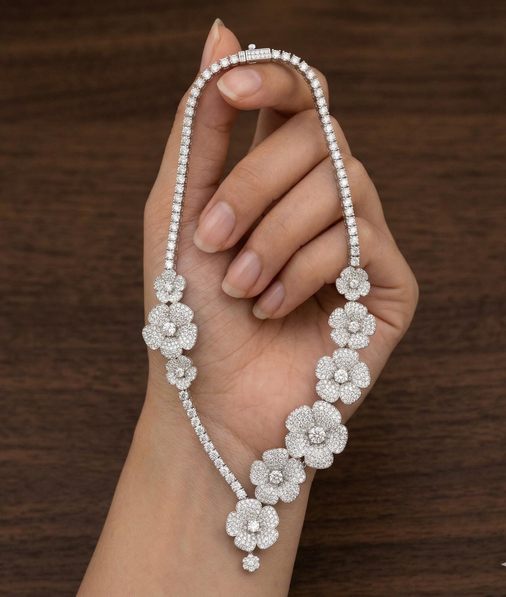 Sterling Silver Flower Moissanite Necklace, Bridal Statement Floral Jewelry