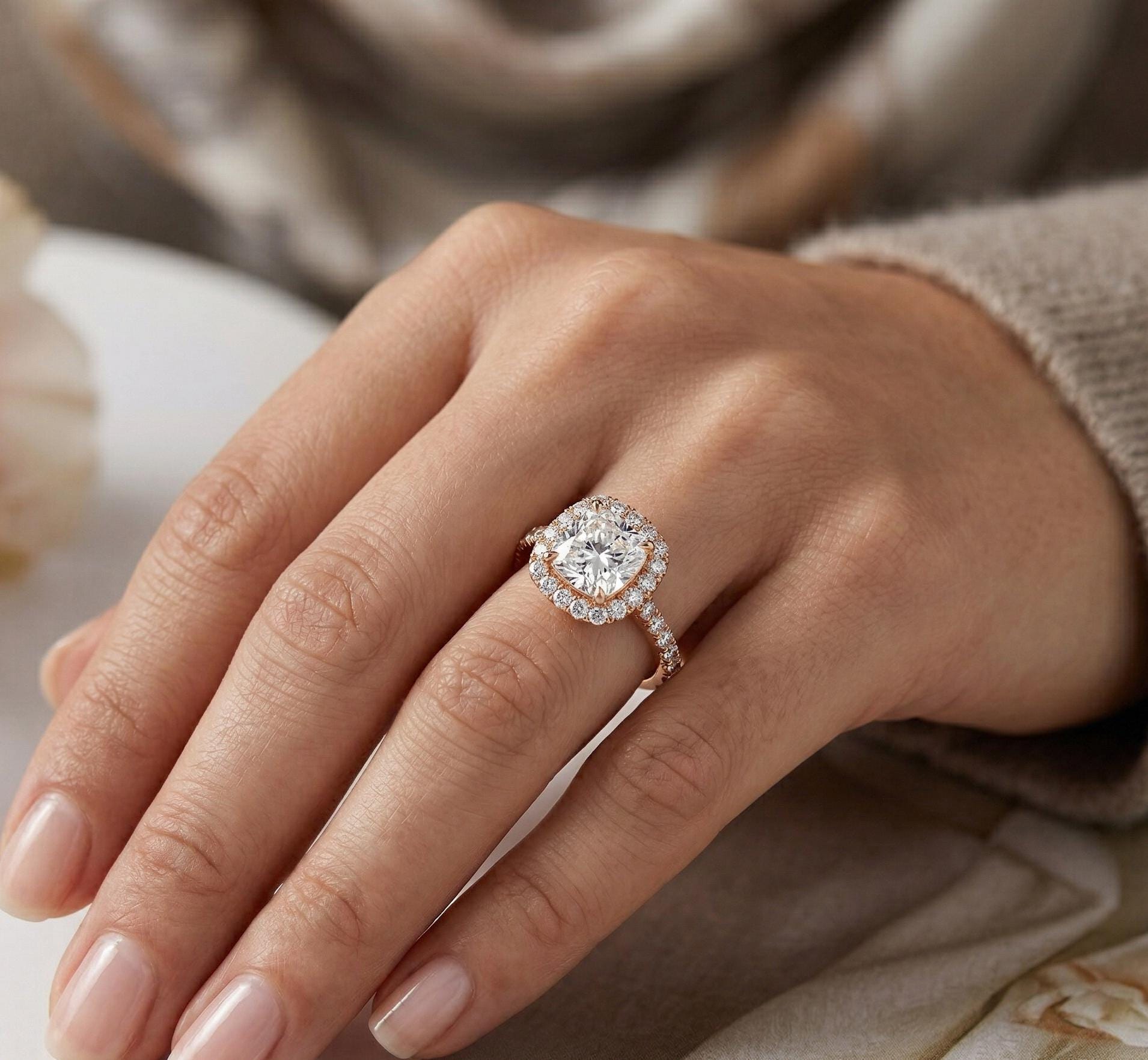 Vintage Cushion Cut Moissanite Engagement Ring, Sterling Silver Art Deco Wedding Statement