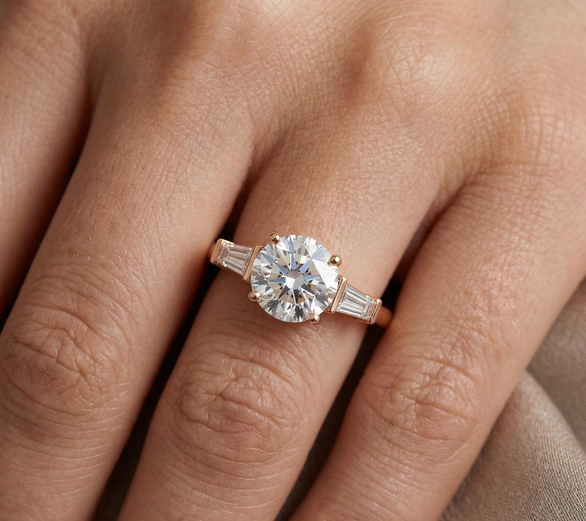 Tapered Baguette Round Moissanite Engagement Ring, 925 Sterling Silver Bridal Band
