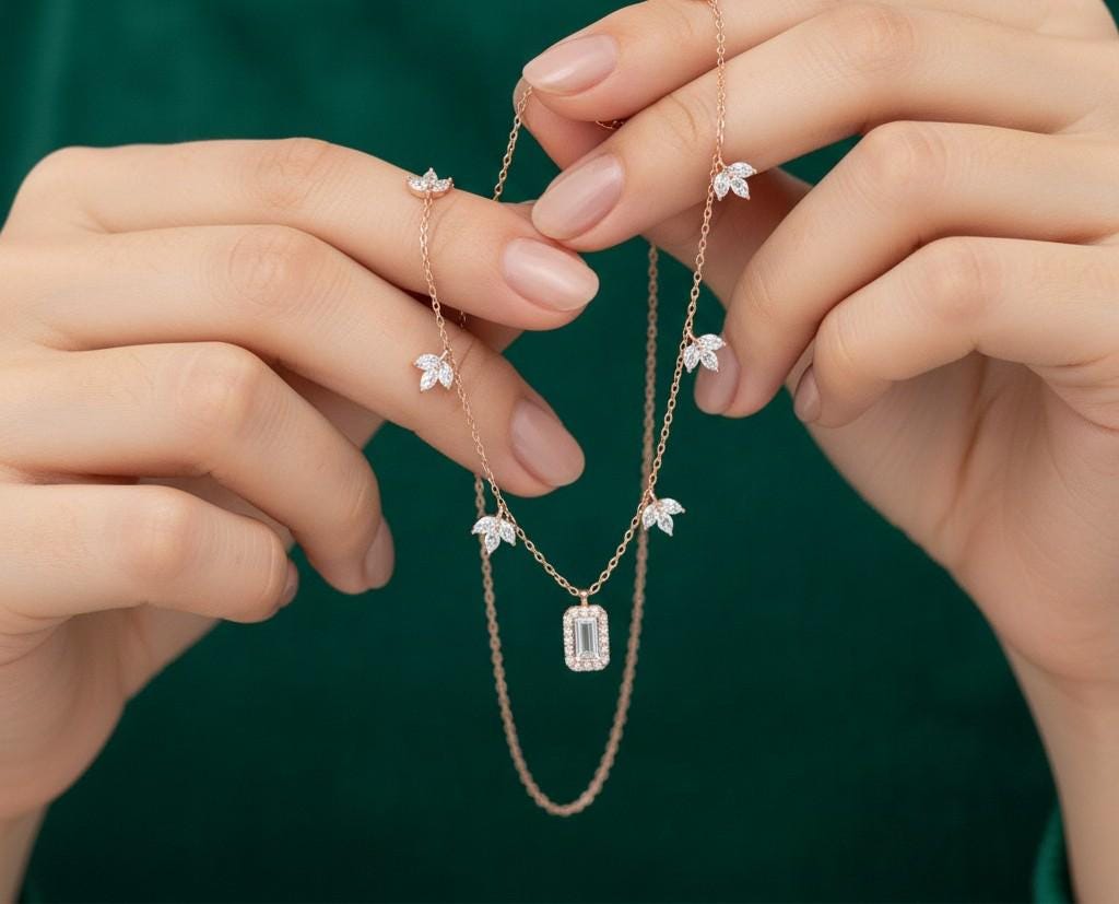 Emerald Cut Moissanite Leaf Charm Necklace, 925 Sterling Silver Nature Jewelry
