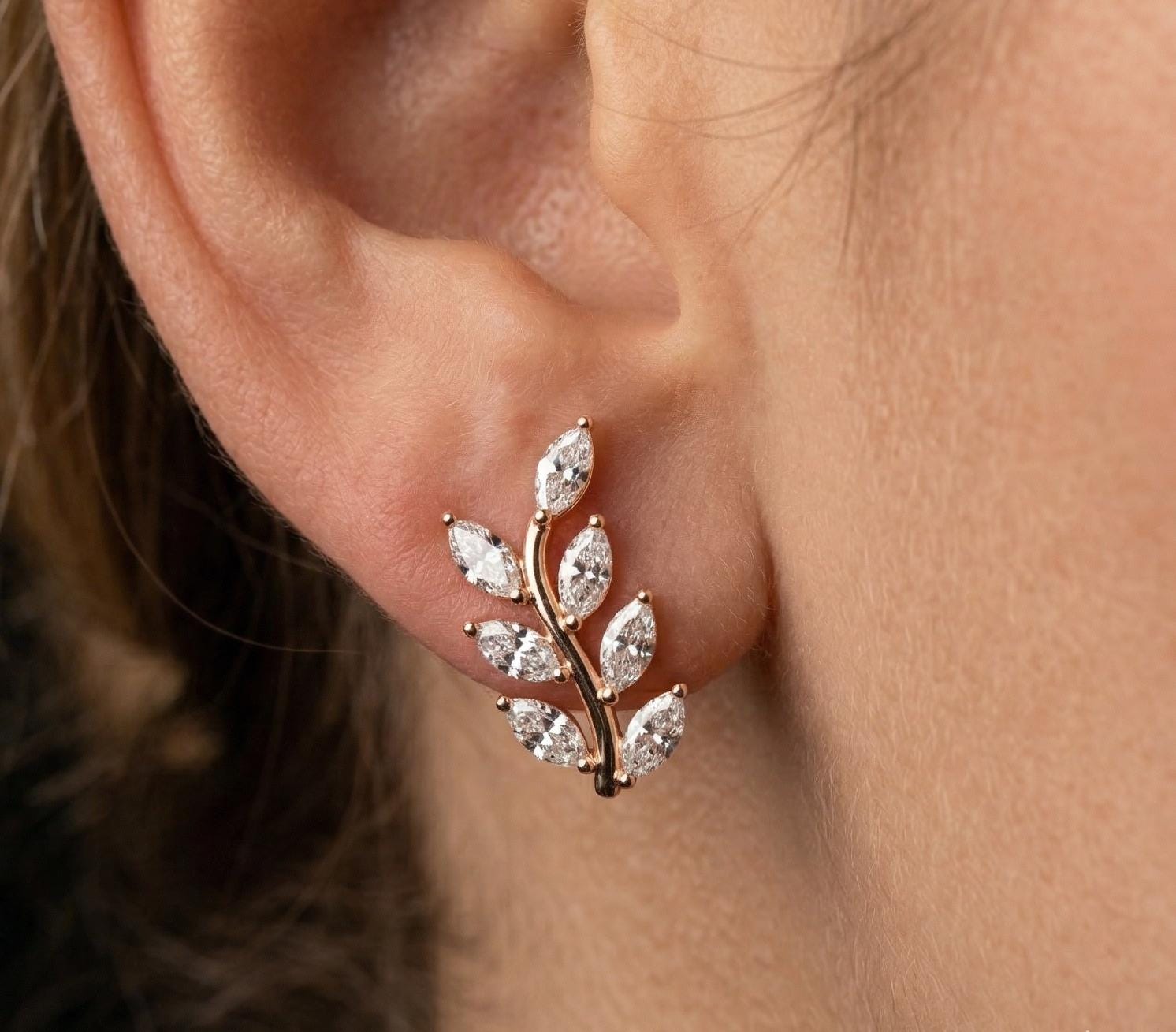 Leaf Climber Moissanite Earrings, 925 Sterling Silver, Marquise Botanical Floral Women's Fashion Studs Earrings