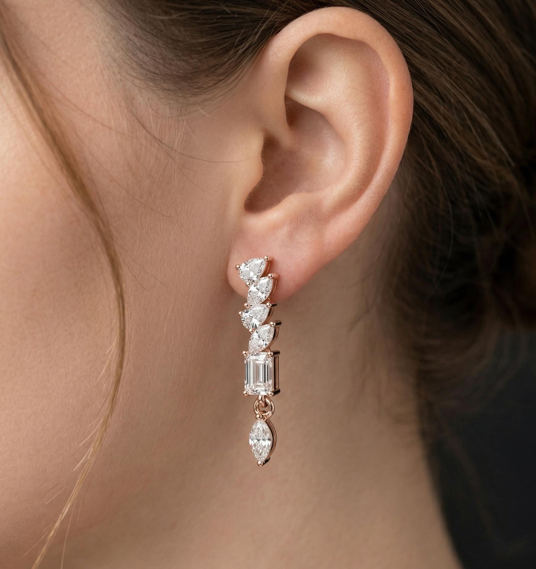 Multi-Shape Moissanite Drop Earrings, 925 Sterling Silver, Modern Bridal Dangle