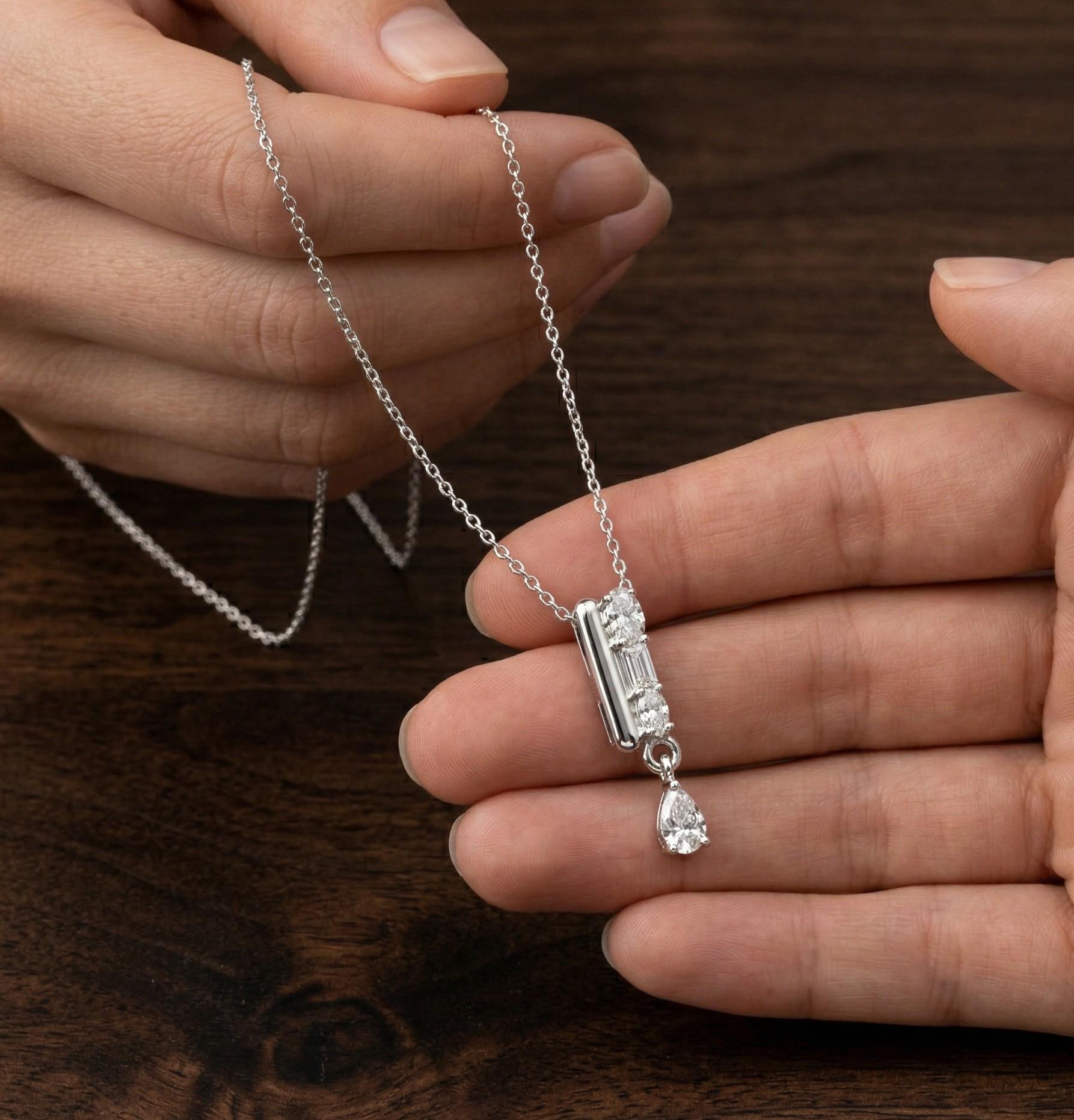Sterling Silver Moissanite Necklace, Pear Baguette Cut, Geometric Teardrop Pendant Minimal Charm Necklace