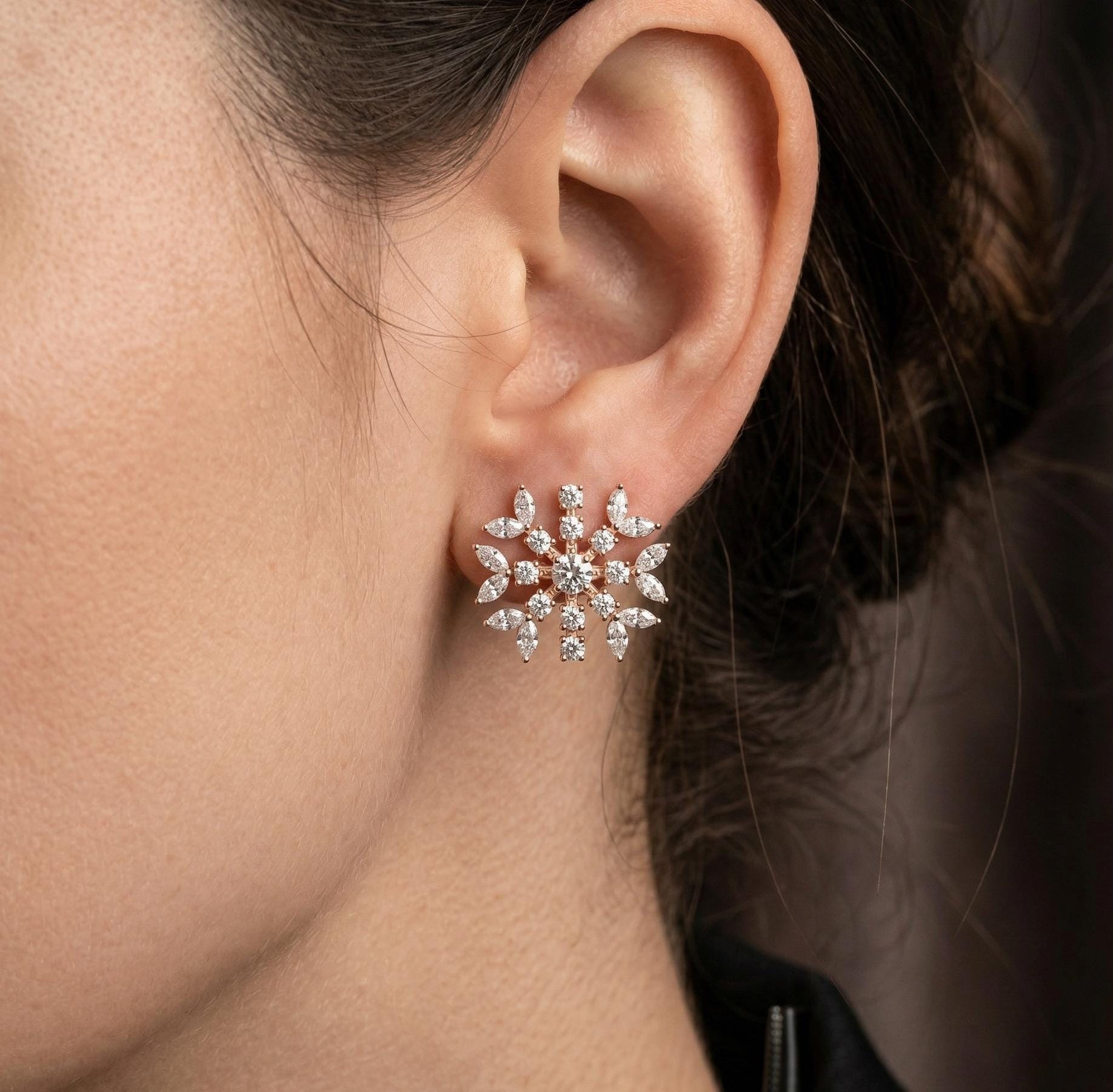 Snowflake Moissanite Stud Earrings, 925 Sterling Silver, Celestial Marquise Cluster