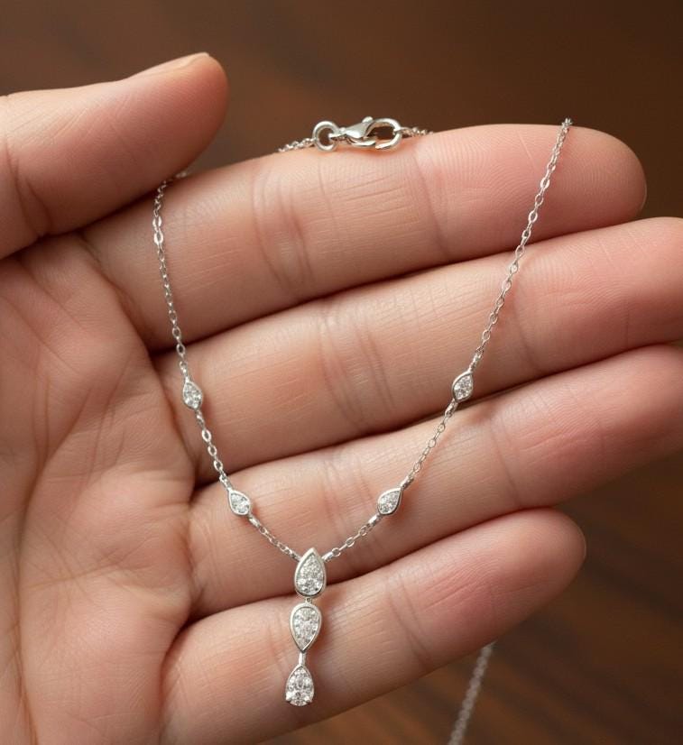 Pear Cut Moissanite Necklace, 925 Sterling Silver Dainty Pendant, Bridal Everyday Necklace