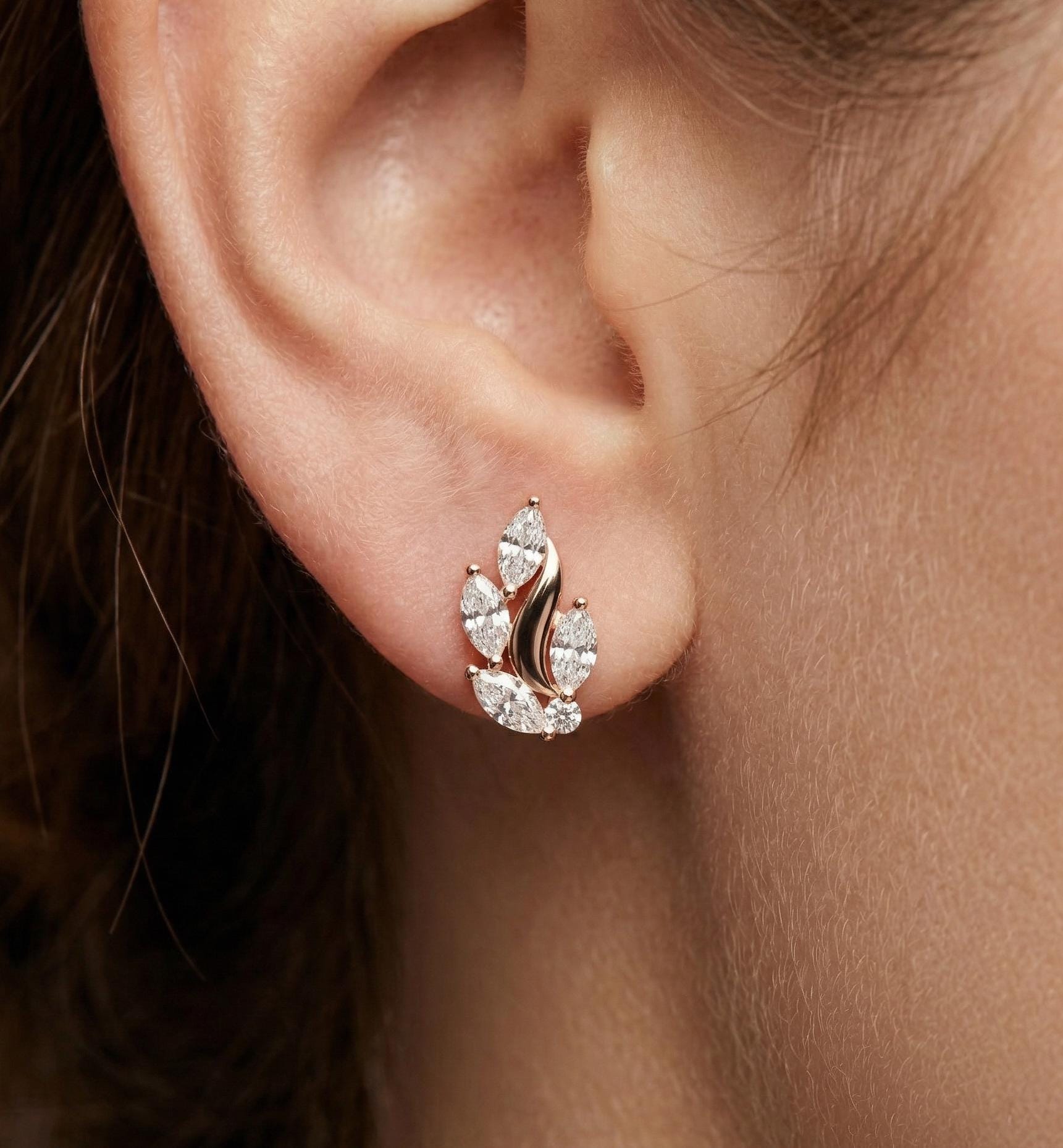 Curved Moissanite Vine Crawler Earrings, 925 Sterling Silver Floral Leaf Stud Earrings