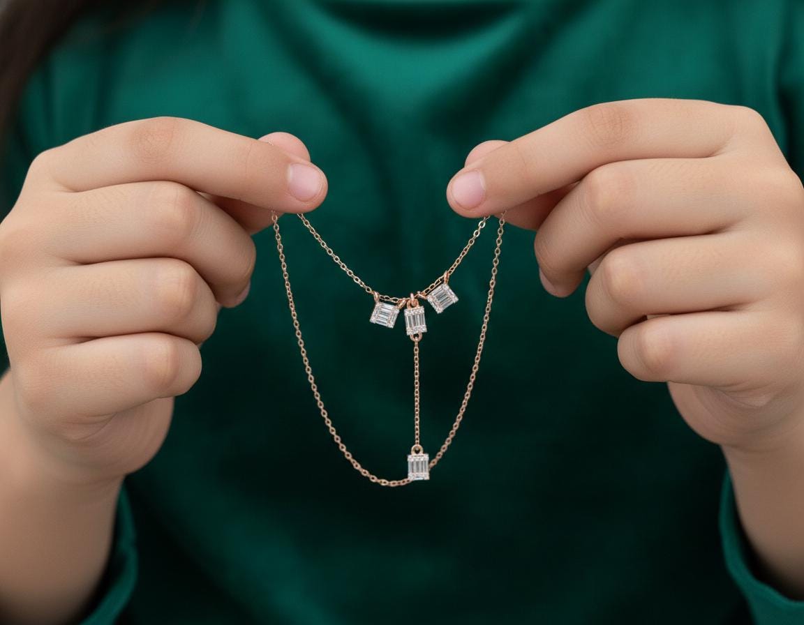 Baguette Moissanite Y Drop Necklace, Sterling Silver Dainty Geometric Pendant, Bridal Sparkle Chain