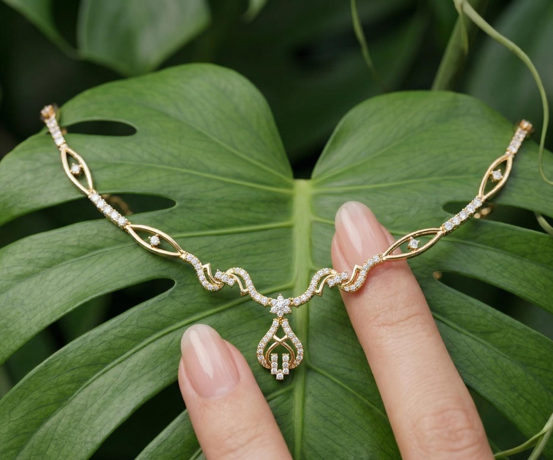925 Sterling Silver Moissanite Necklace, Twisted Leaf Pendant, Elegant Bridal Jewelry