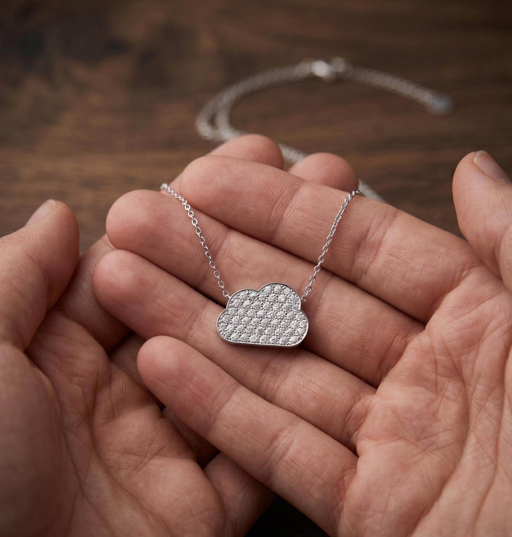 Tiny Cloud Moissanite Necklace, Sterling Silver Celestial Pendant, Modern Nature Jewelry