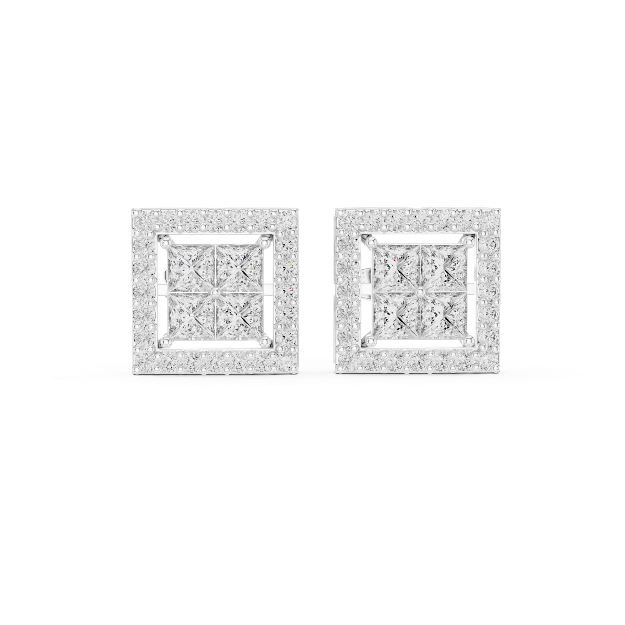 Princess Cut Moissanite Halo Stud Earrings, Sterling Silver Square Geometric Sparkle