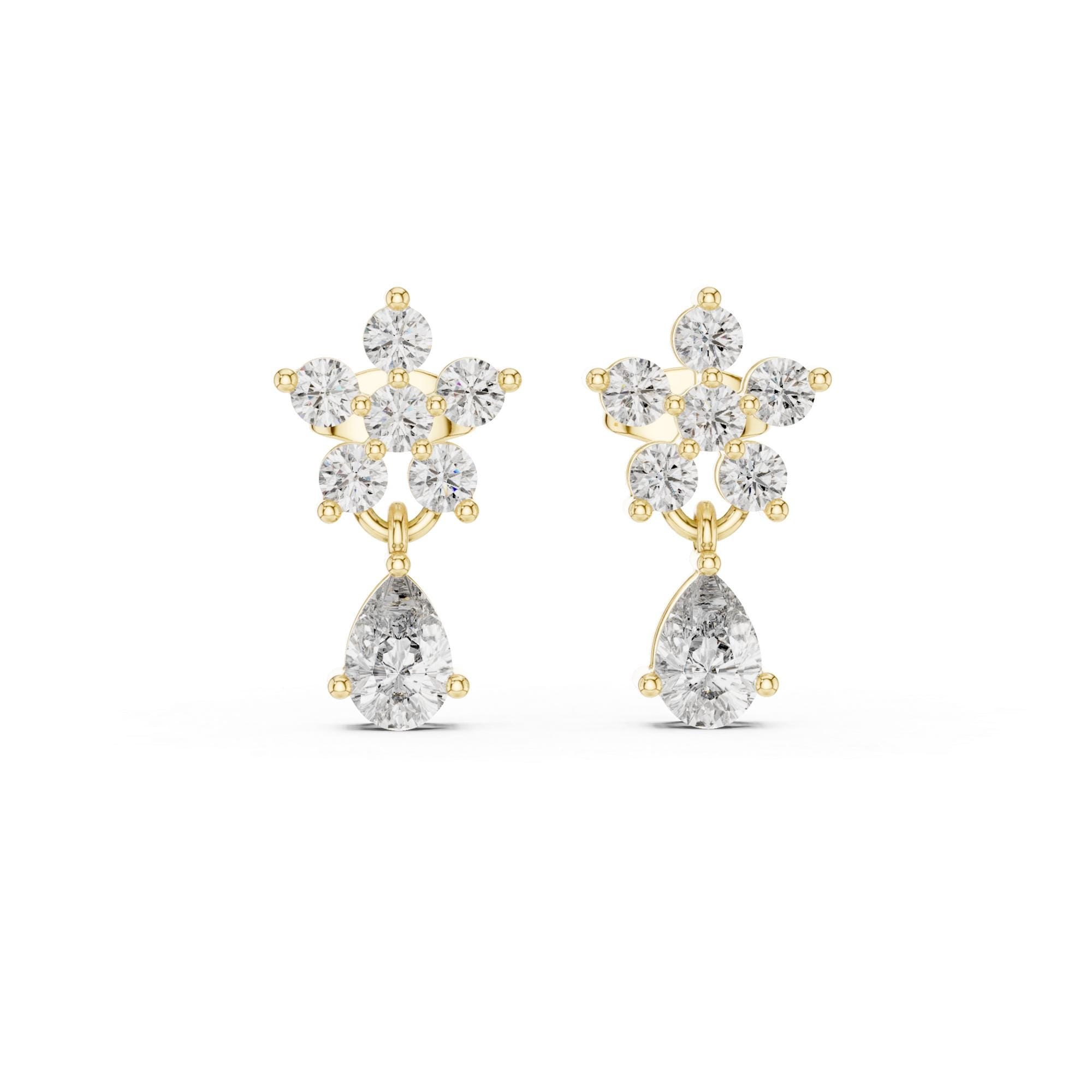 Dainty Moissanite Flower Drop Earrings, 925 Sterling Silver, Pear Cut Dangle Minimalist Floral Earrings