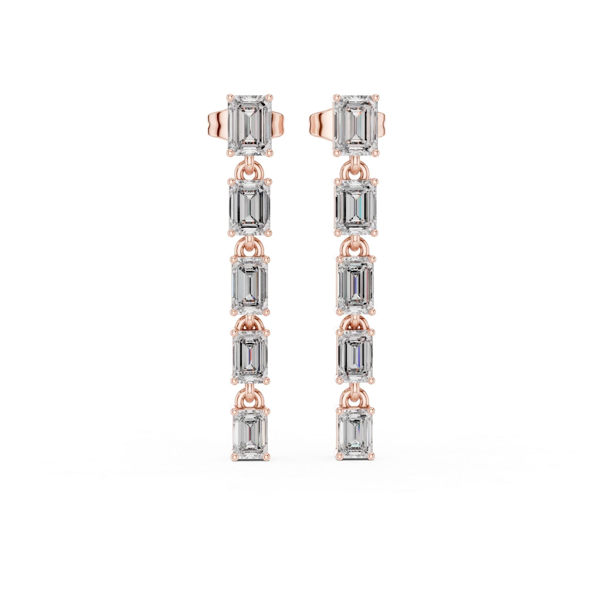 Linear Emerald Cut Moissanite Drop Earrings, 925 Sterling Silver, Modern Bridal