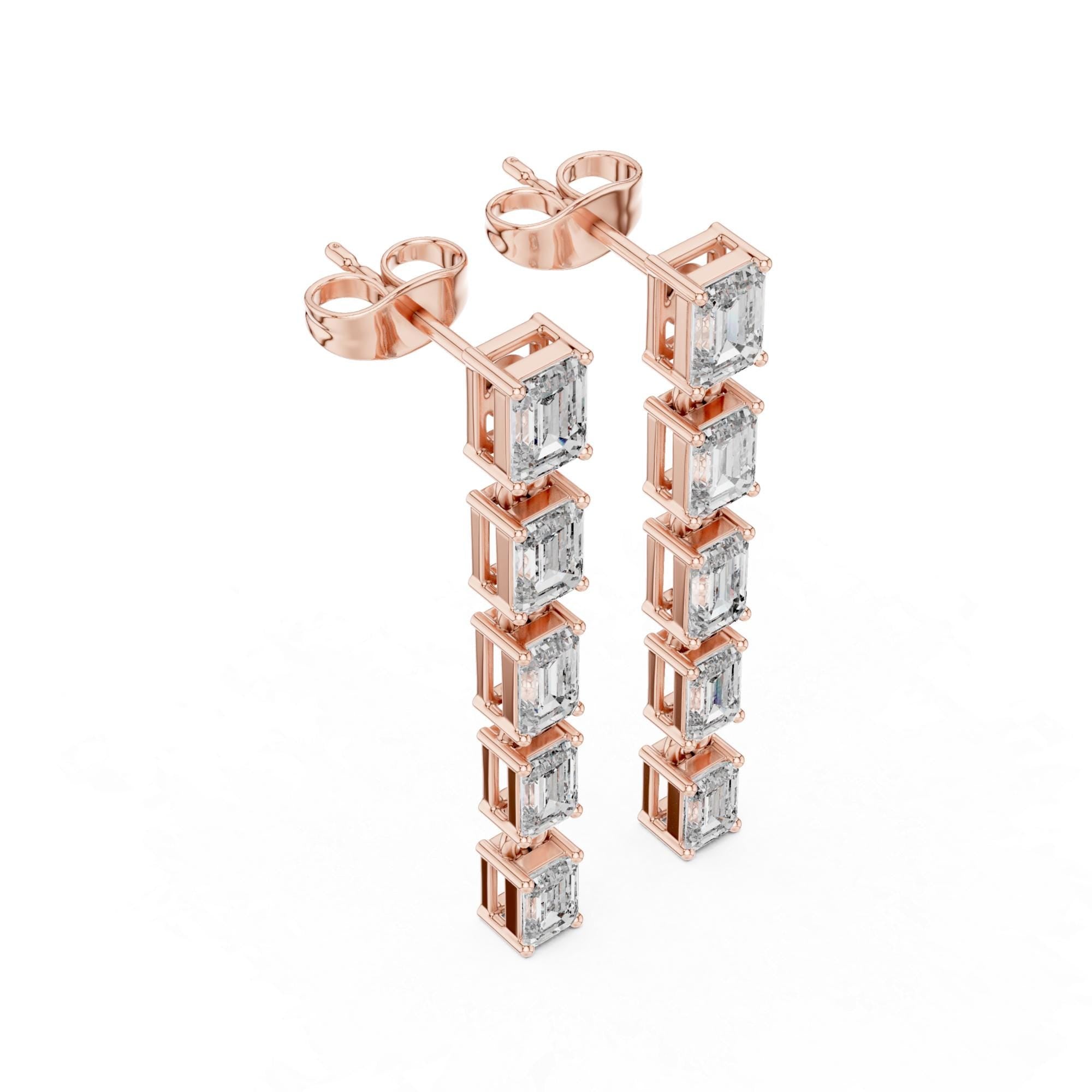 Linear Emerald Cut Moissanite Drop Earrings, 925 Sterling Silver, Modern Bridal
