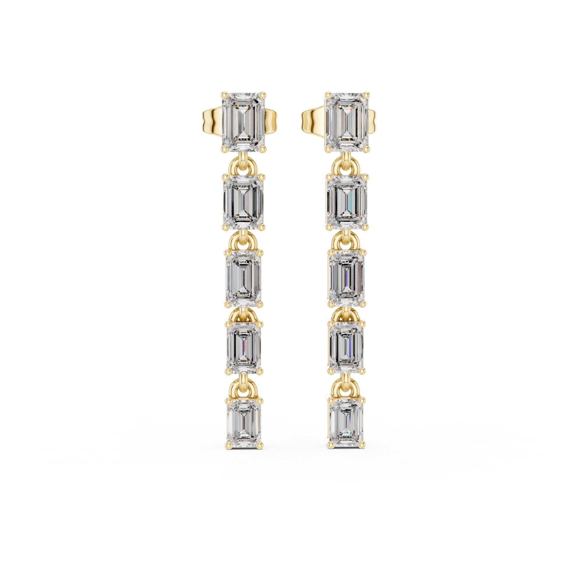 Linear Emerald Cut Moissanite Drop Earrings, 925 Sterling Silver, Modern Bridal