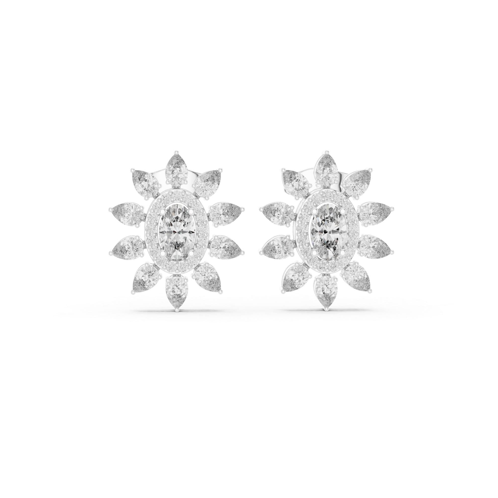 Oval Moissanite Flower Earrings, 925 Sterling Silver, Art Deco Halo Bridal