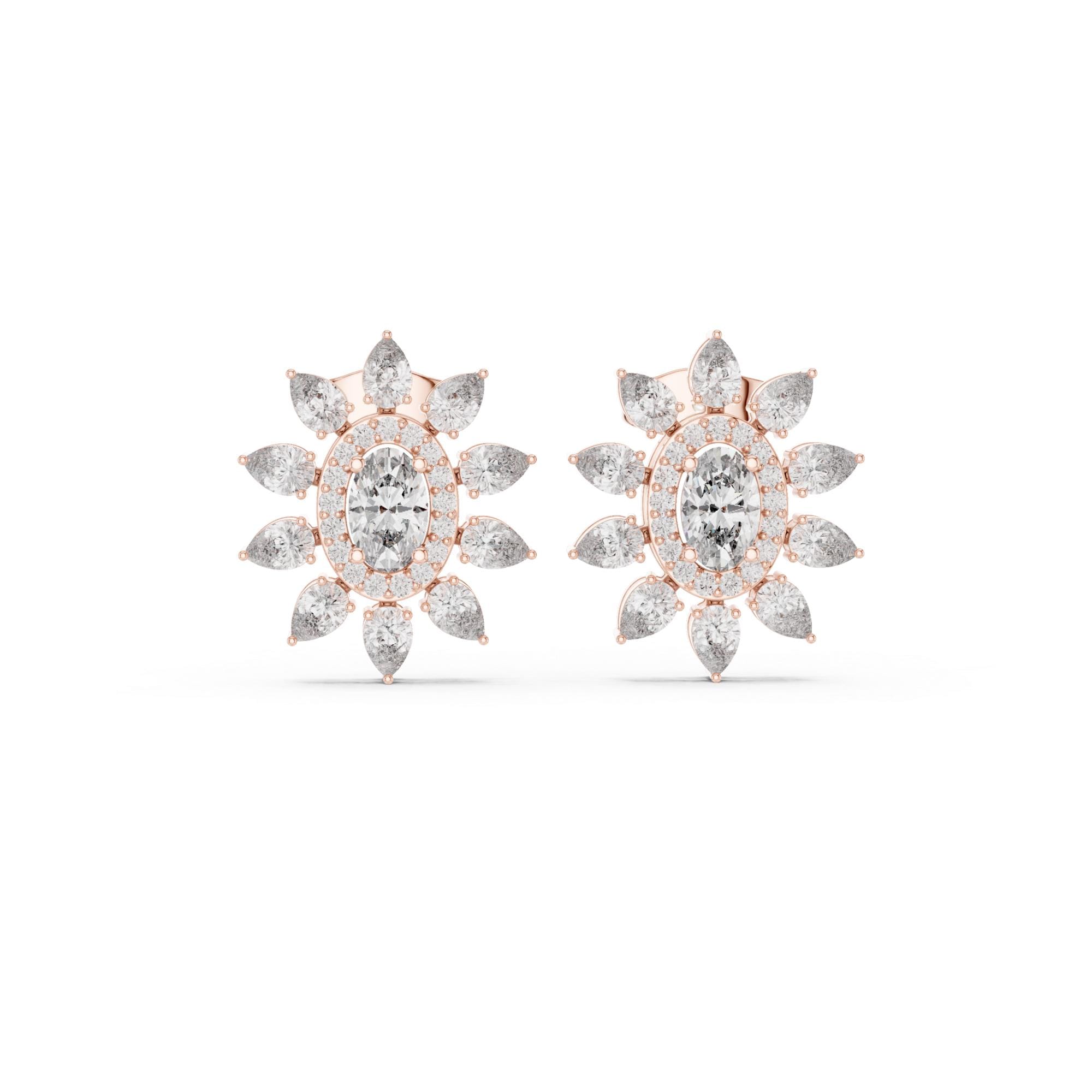 Oval Moissanite Flower Earrings, 925 Sterling Silver, Art Deco Halo Bridal