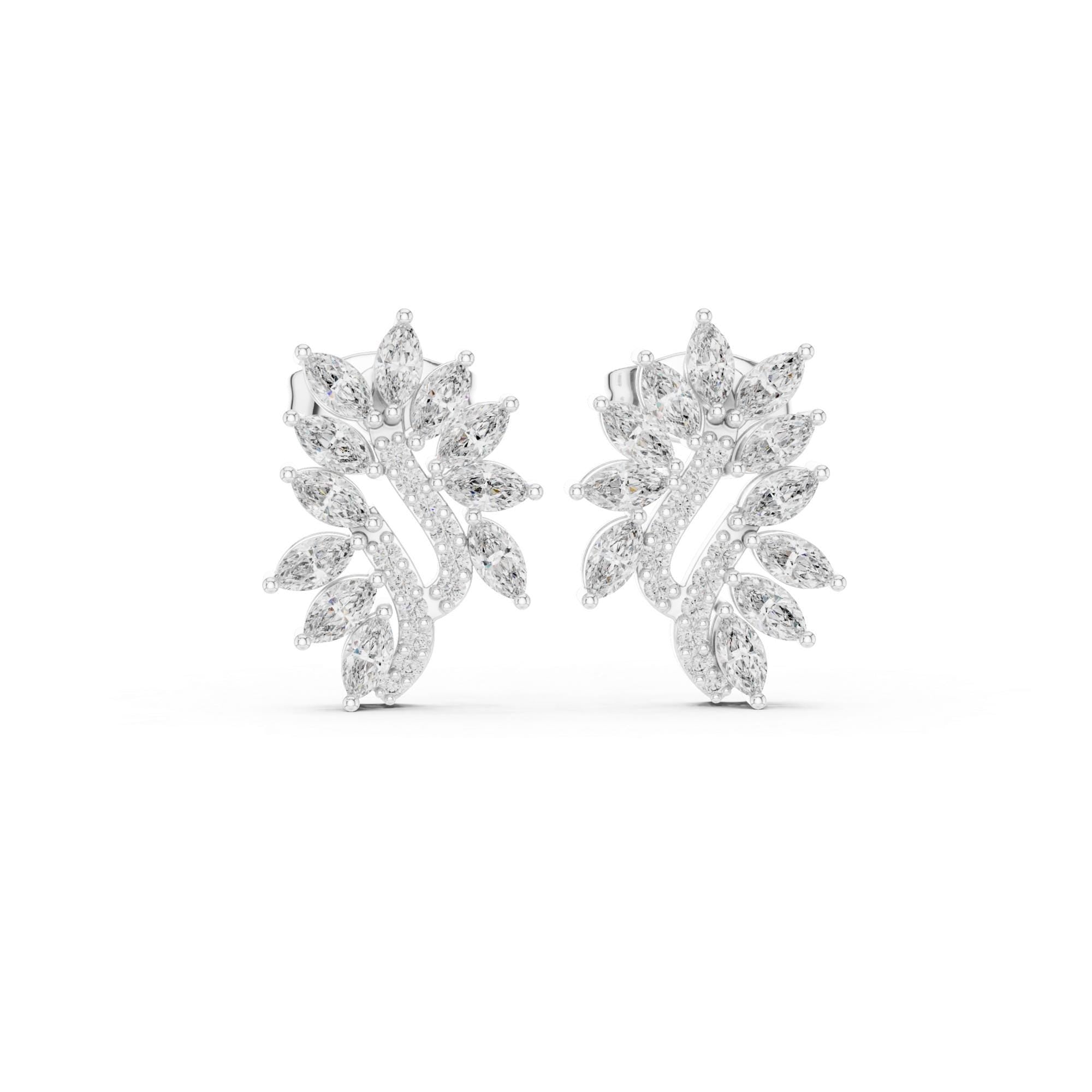 Nature Inspired Leaf Moissanite Stud Earrings, 925 Sterling Silver Marquise Vine Bridal Earrings