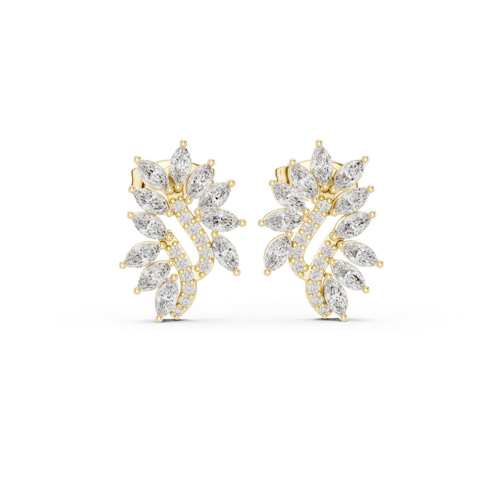 Nature Inspired Leaf Moissanite Stud Earrings, 925 Sterling Silver Marquise Vine Bridal Earrings