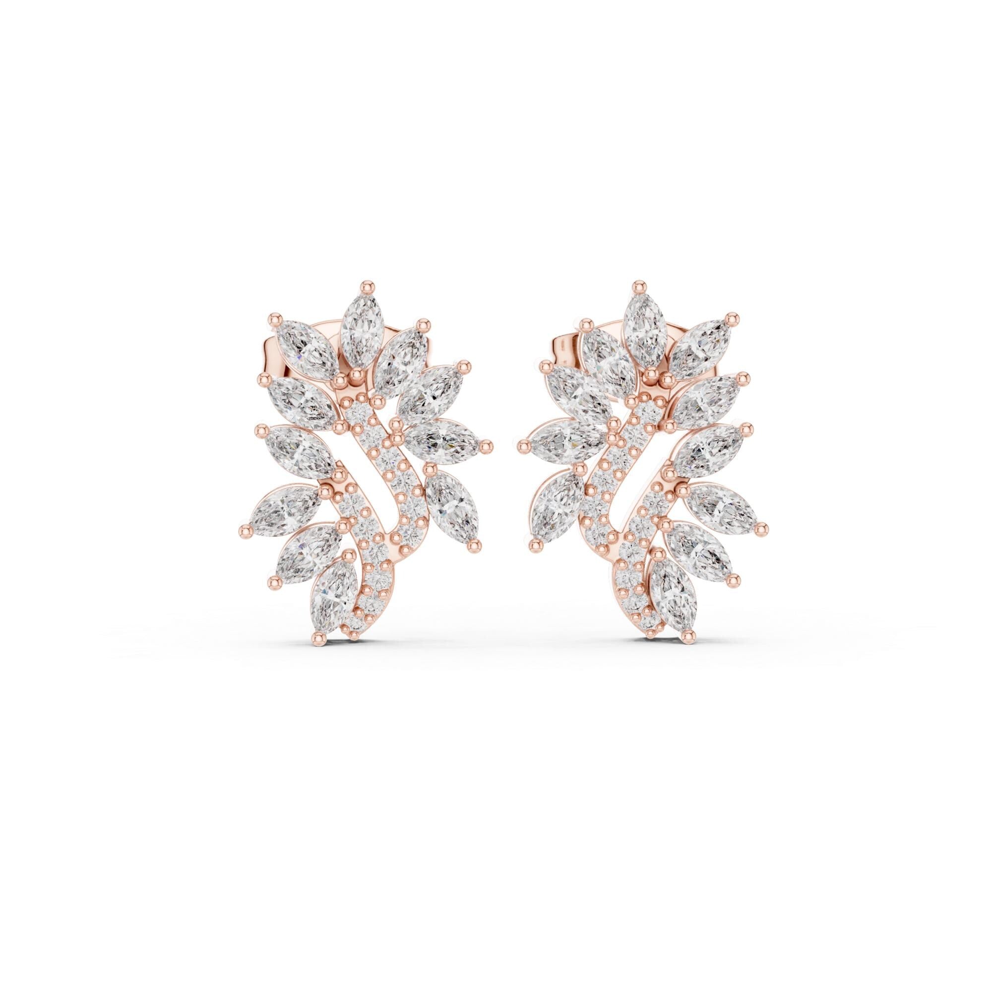 Nature Inspired Leaf Moissanite Stud Earrings, 925 Sterling Silver Marquise Vine Bridal Earrings