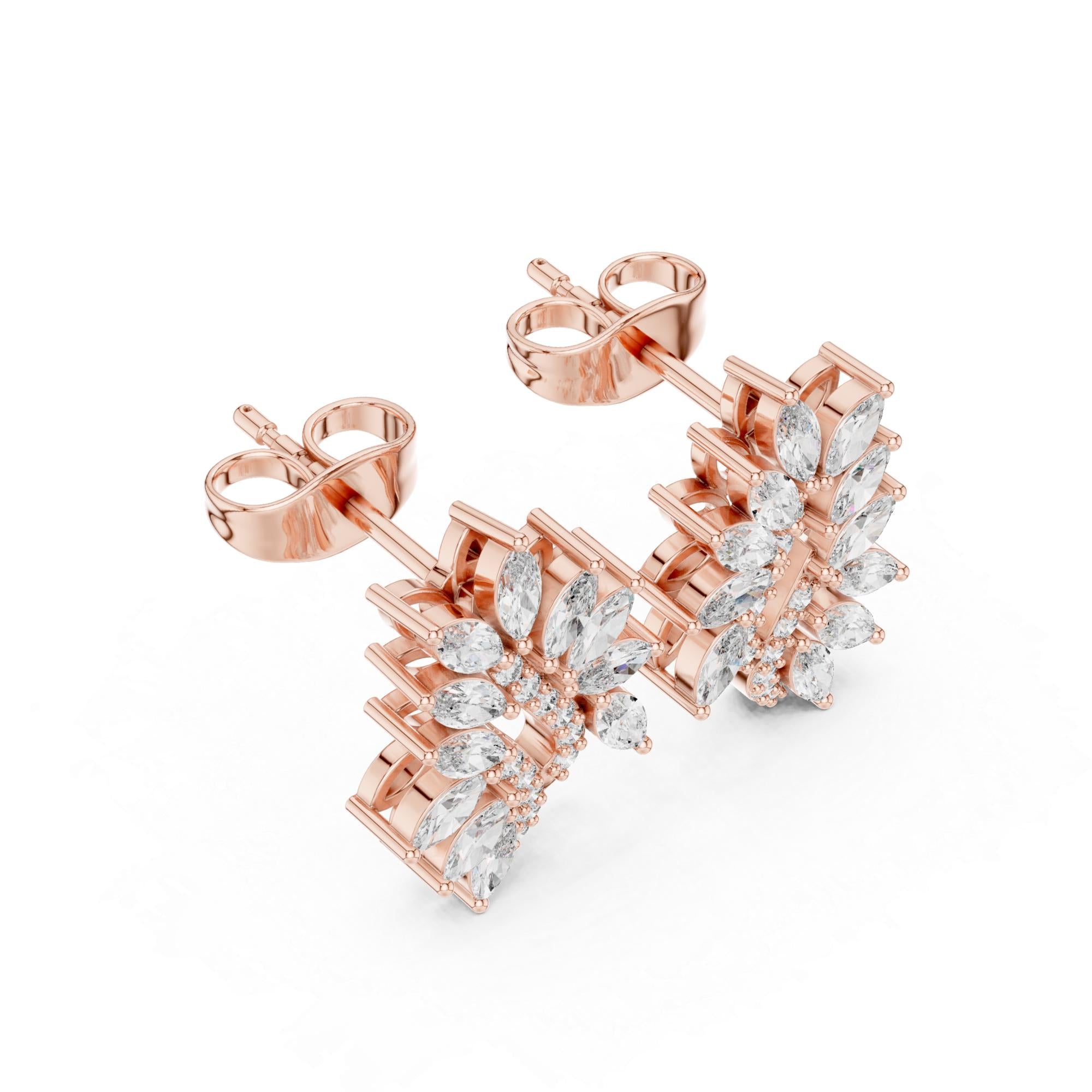 Nature Inspired Leaf Moissanite Stud Earrings, 925 Sterling Silver Marquise Vine Bridal Earrings