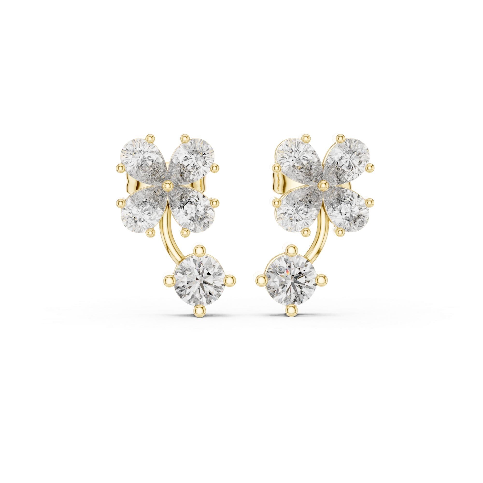 Moissanite Flower Ear Jackets, 925 Sterling Silver, Round Brilliant Dangle Earrings